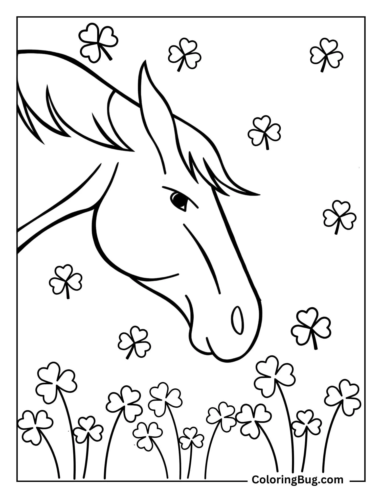 Horse Standing Next To a Lucky Four-Leaf Clover Field Coloring Sheet