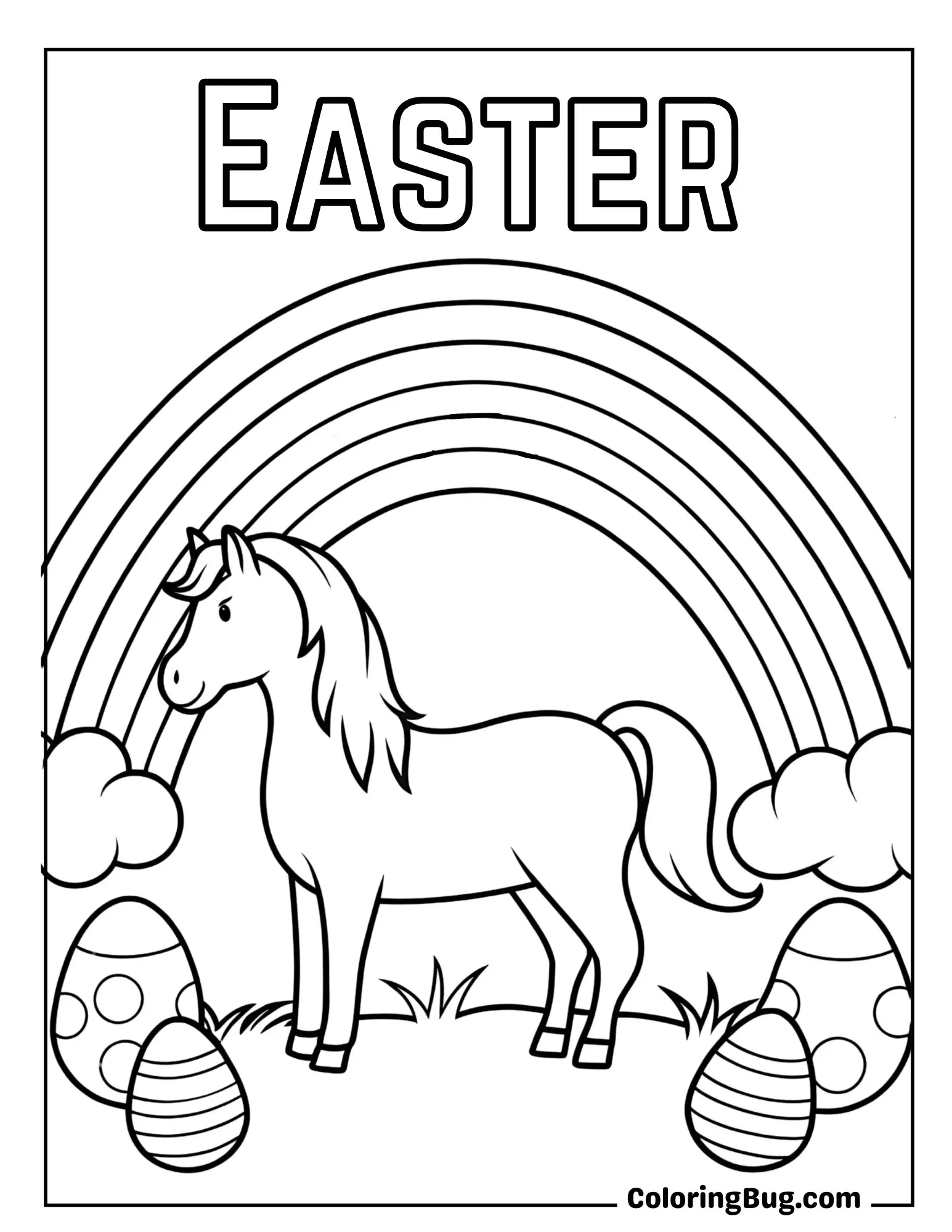 Horse Standing Under Rainbow with Easter Eggs Coloring Sheet