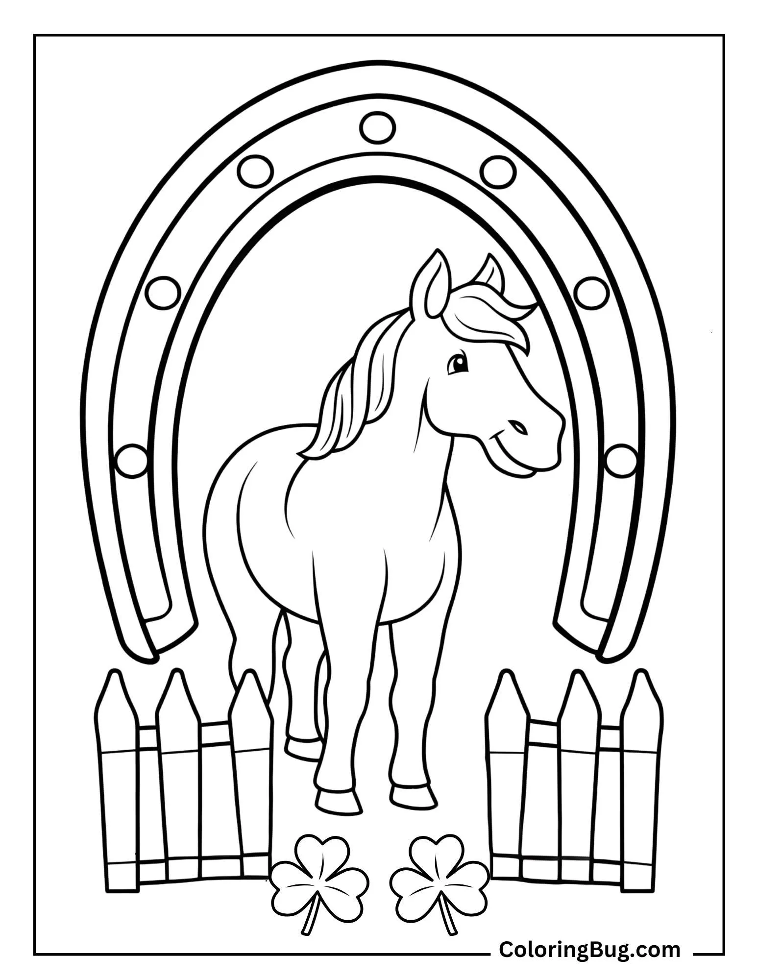 Horse Standing Under a Horseshoe Arch For Luck Coloring Sheet