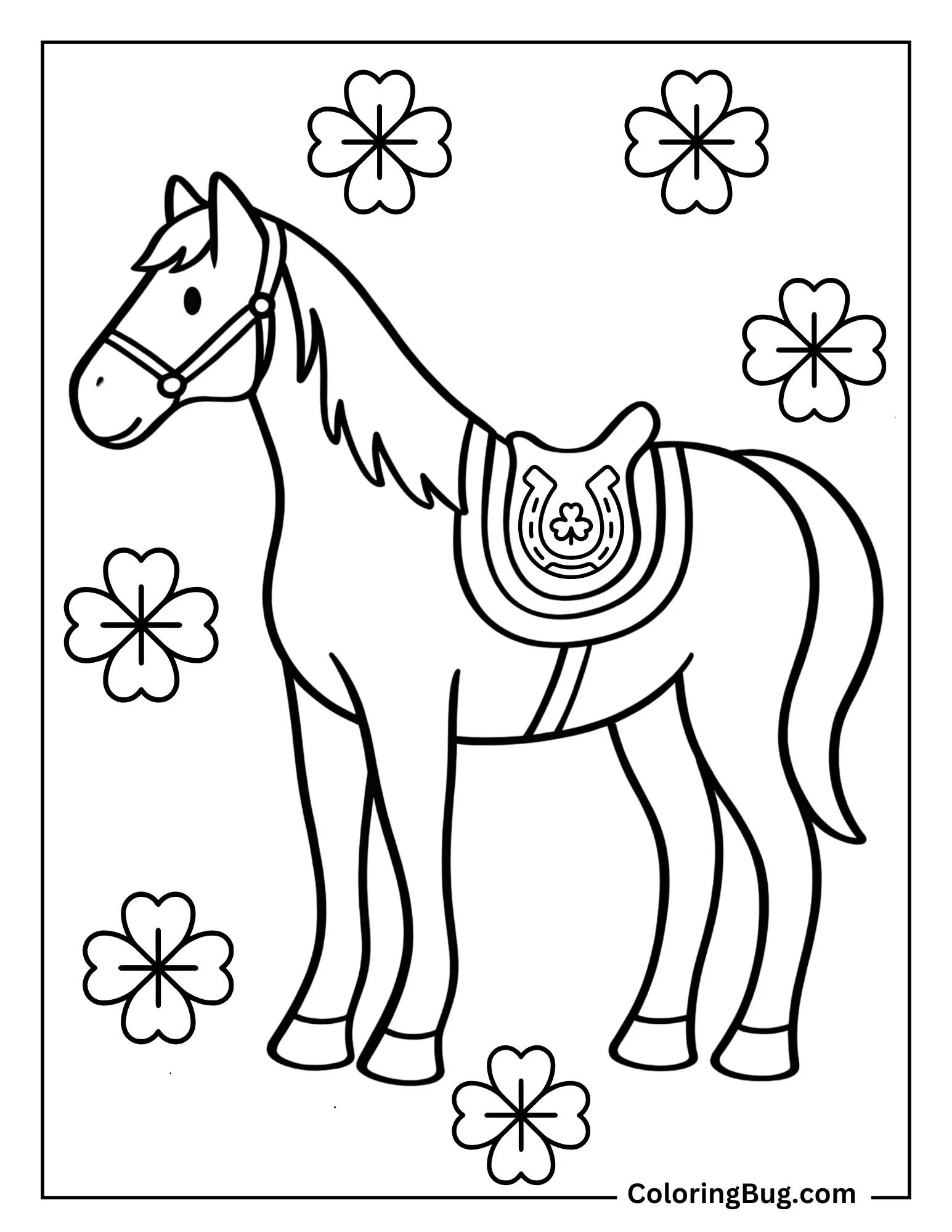Horse Wearing a Saddle Decorated With Lucky Symbols Coloring Sheet