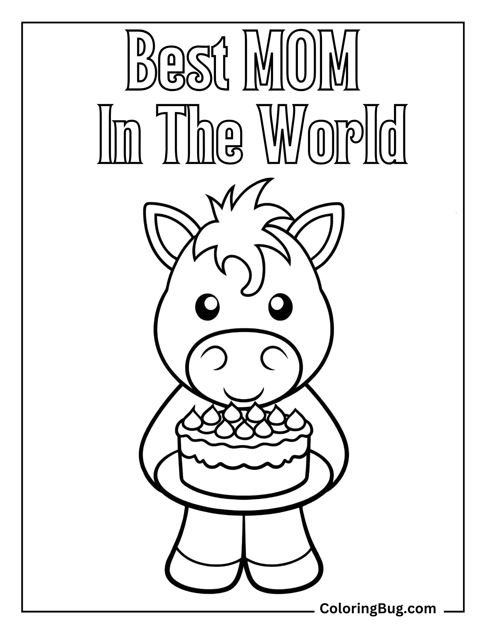 Horse With Cake For Mom Coloring Sheet