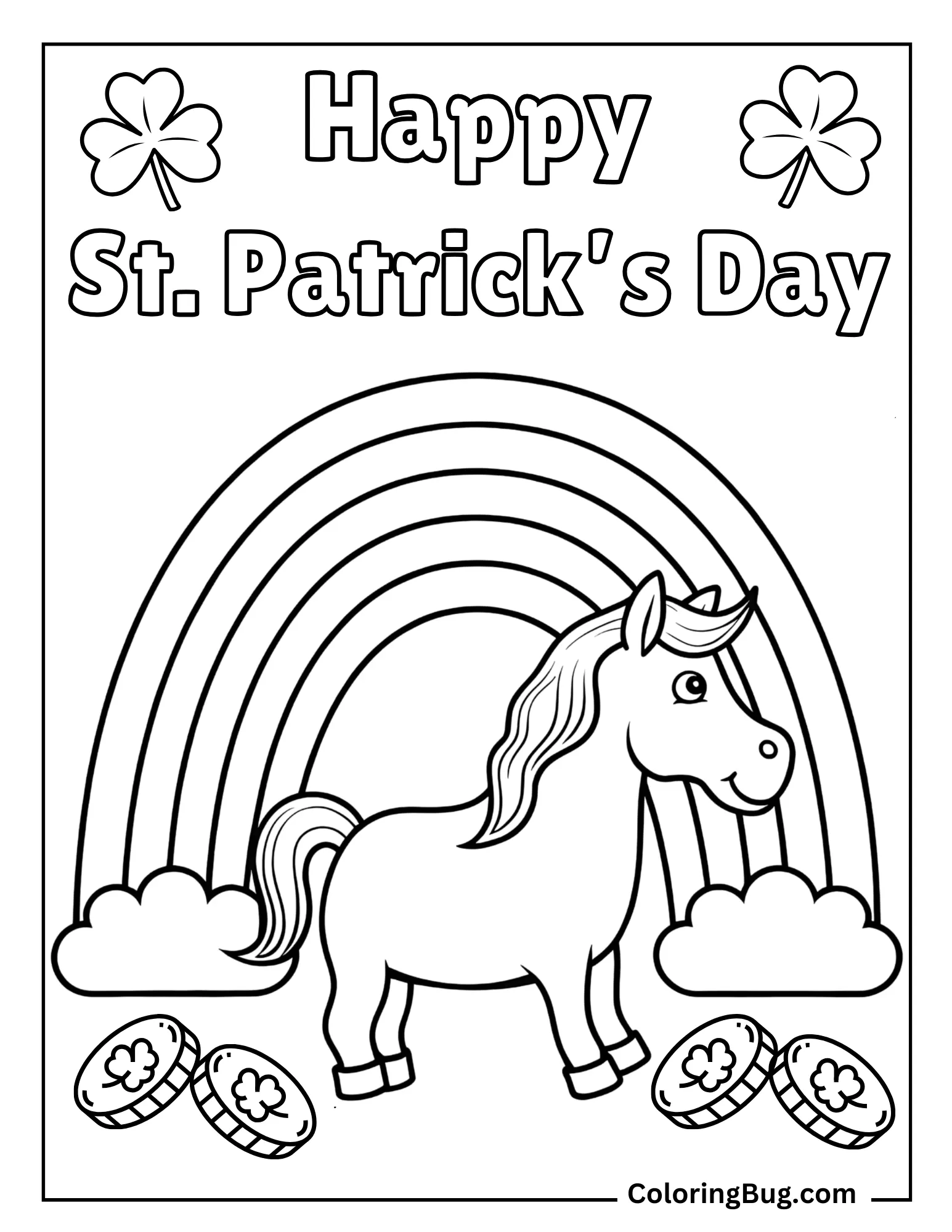 Horse With Gold Coins At The End Of a Rainbow Coloring Sheet