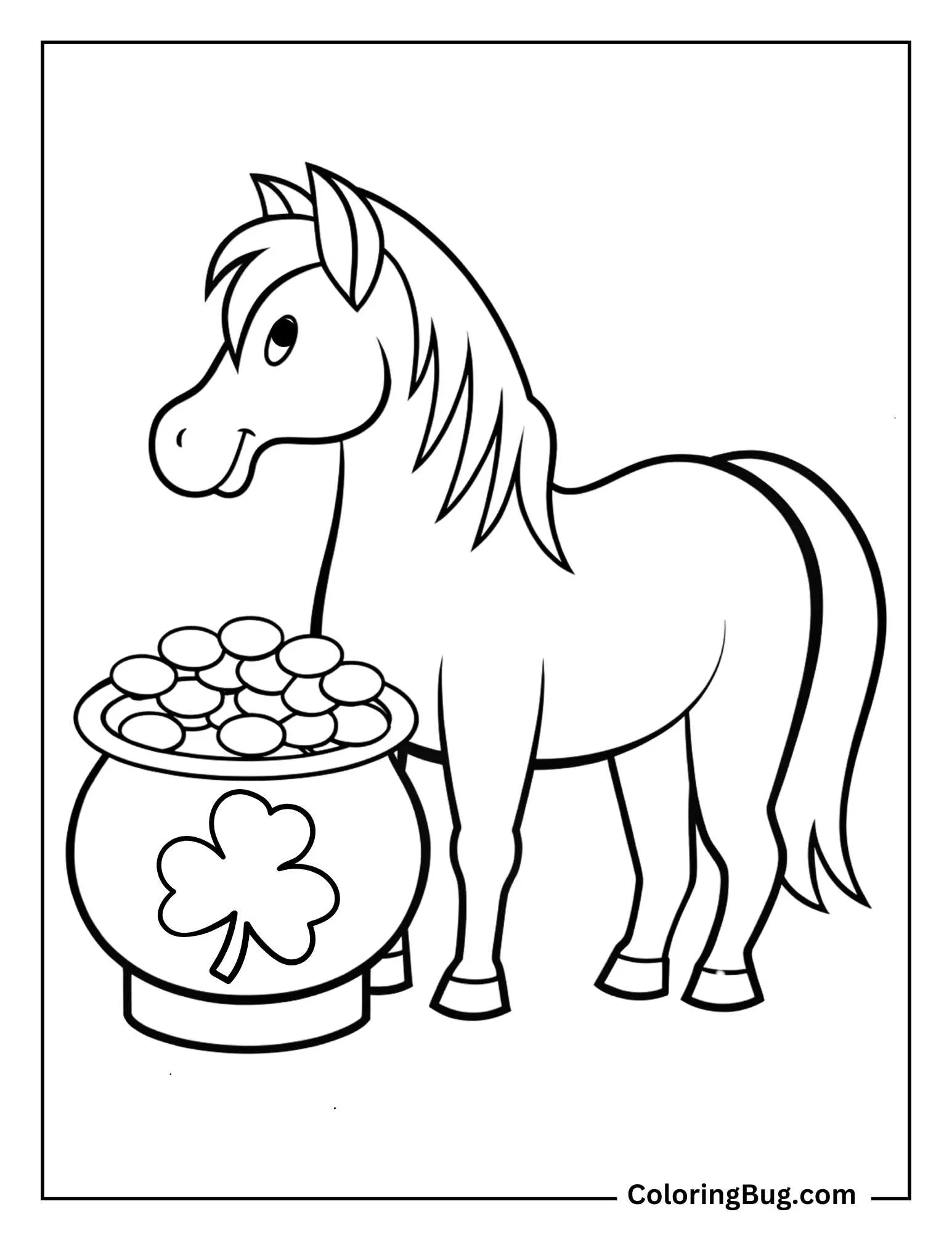 Horse With a Pot Of Gold Coins Coloring Sheet