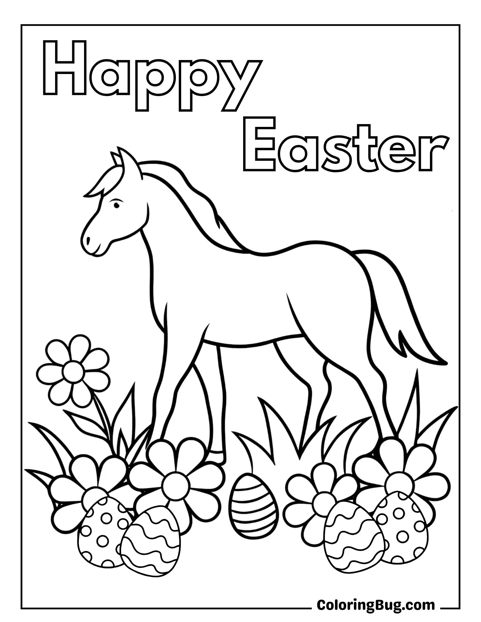 Horse in a Flower Garden with Easter Eggs Coloring Sheet