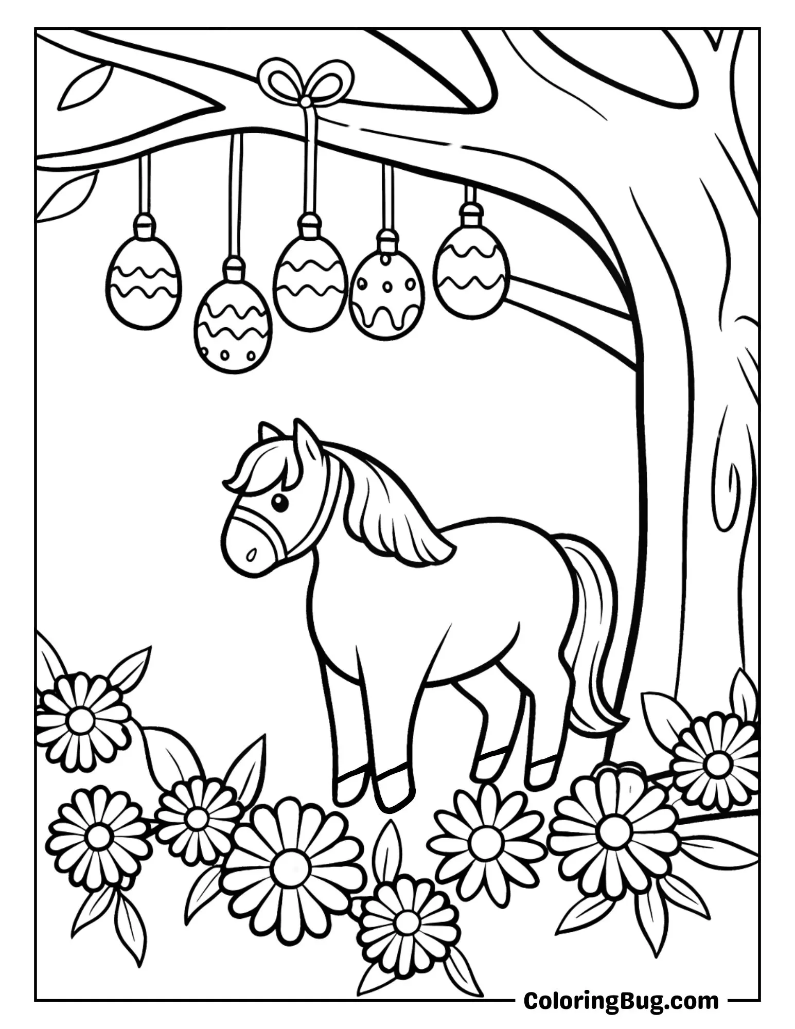 Horse with a Chandelier of Easter Eggs Coloring Sheet