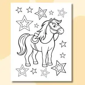 Horses and Ponies Coloring Book Page of Horse with Stars Background