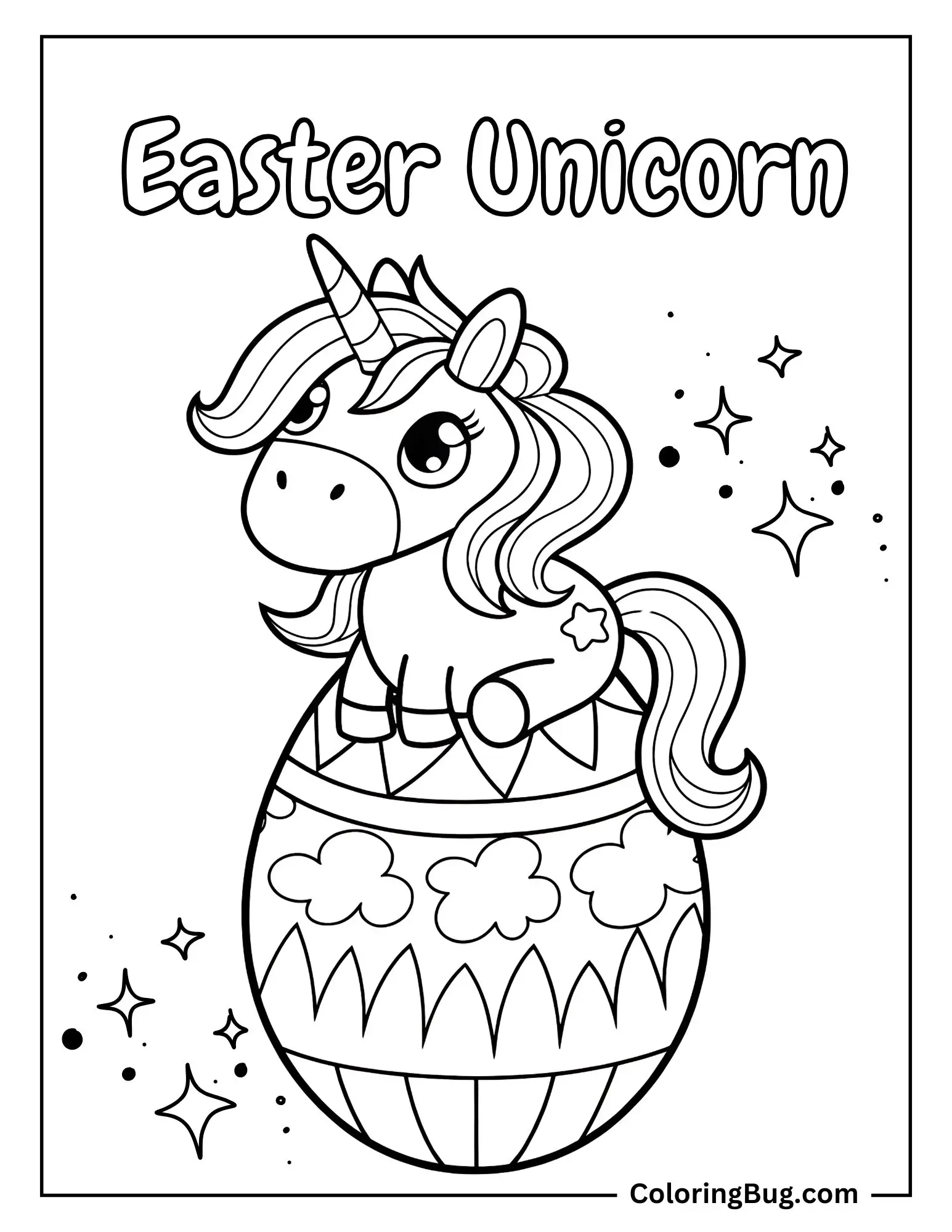 Kawaii Unicorn Sitting on Easter Egg Coloring Sheet