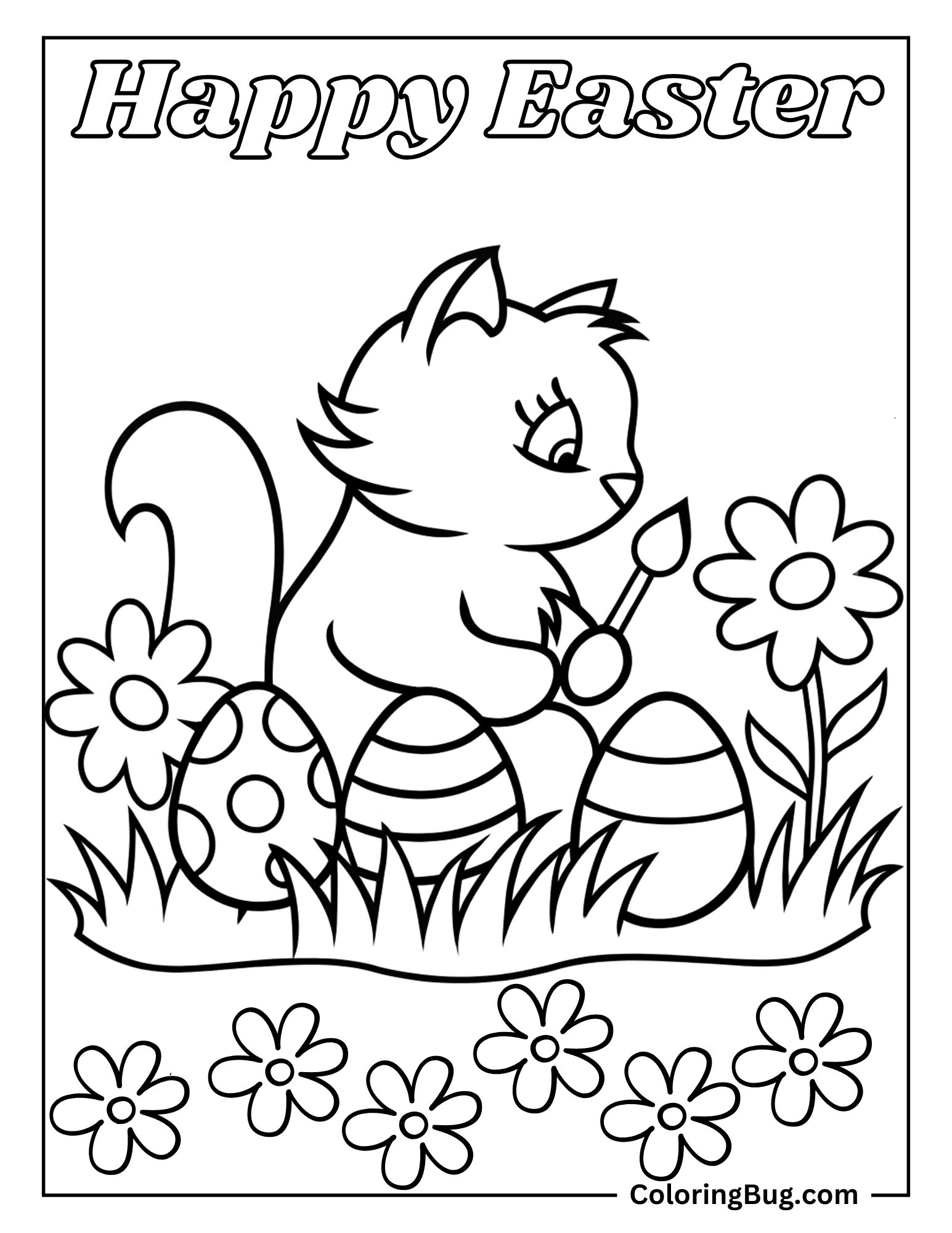 Kitten Painting Easter Eggs Coloring Sheet