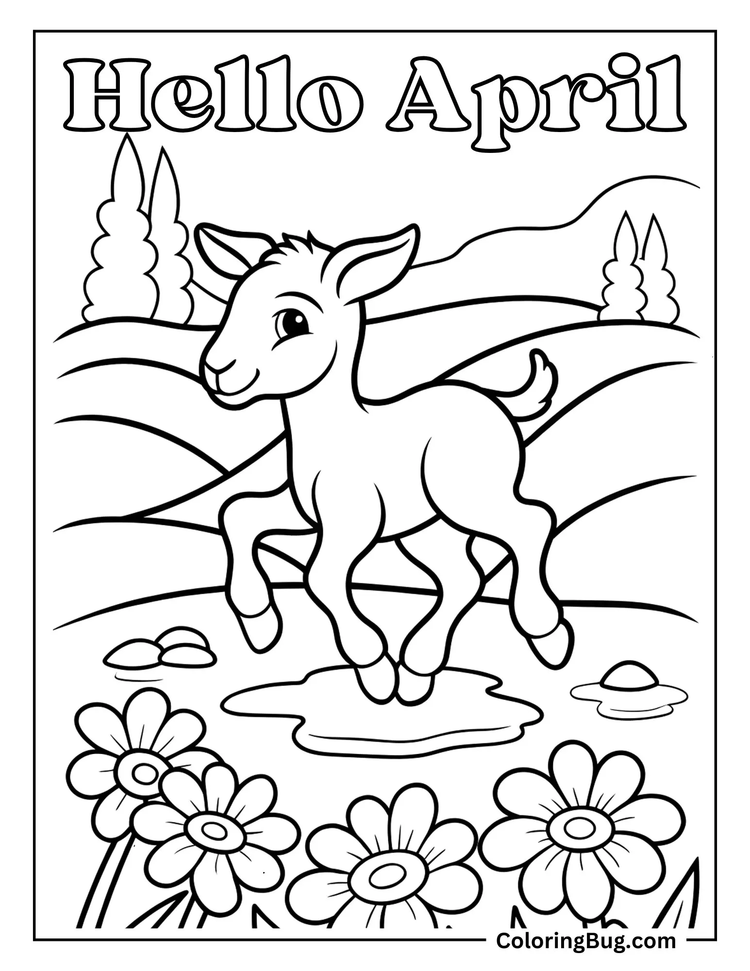 Lamb Jumping Over Puddle After April Rain Coloring Sheet