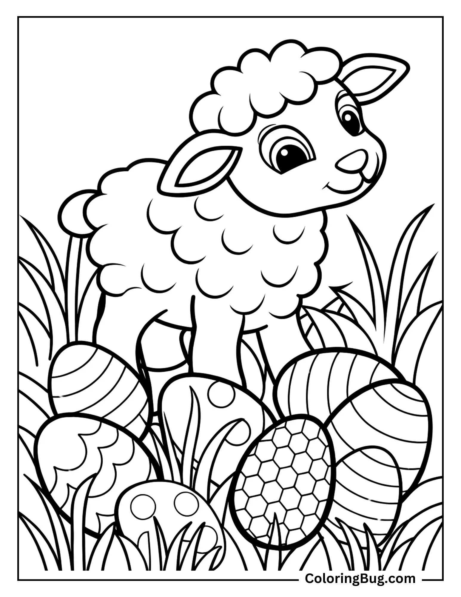 Lamb Playing With Easter Eggs in a Meadow Coloring Page