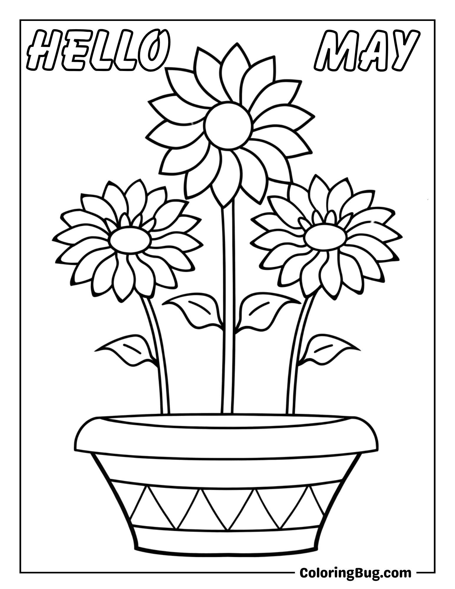 Large Flower Pot with Sunflowers Growing in it Coloring Sheet