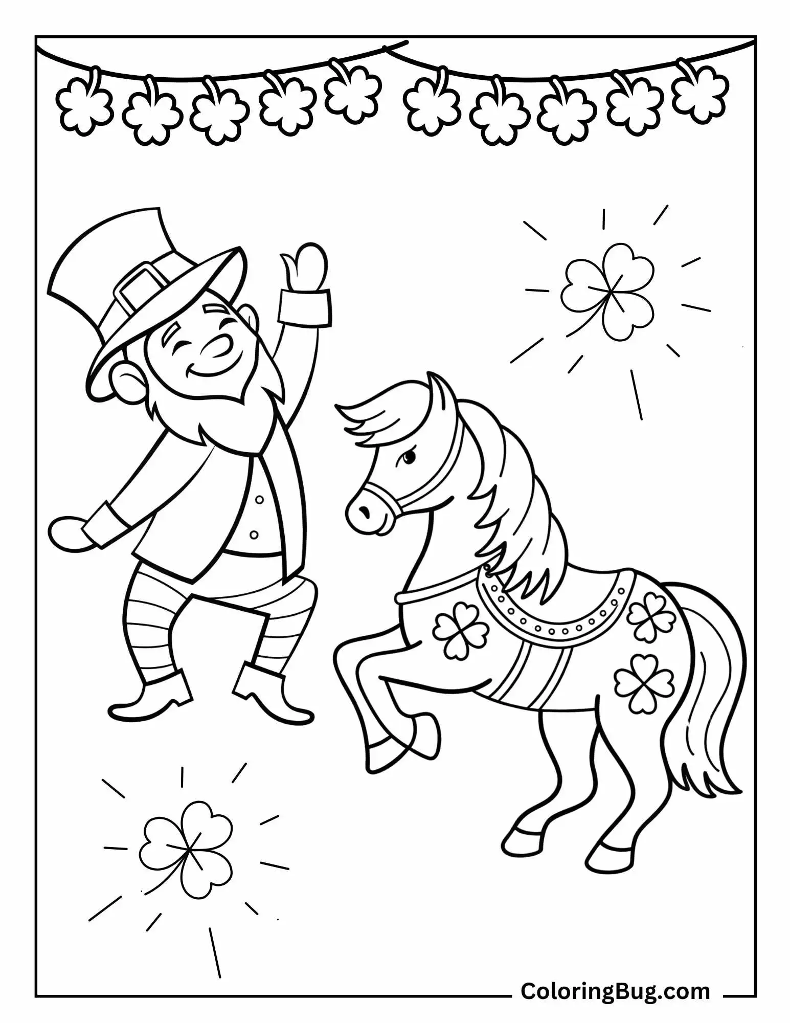 Leprechaun And Horse Dancing On St. Patrick's Day Coloring Sheet