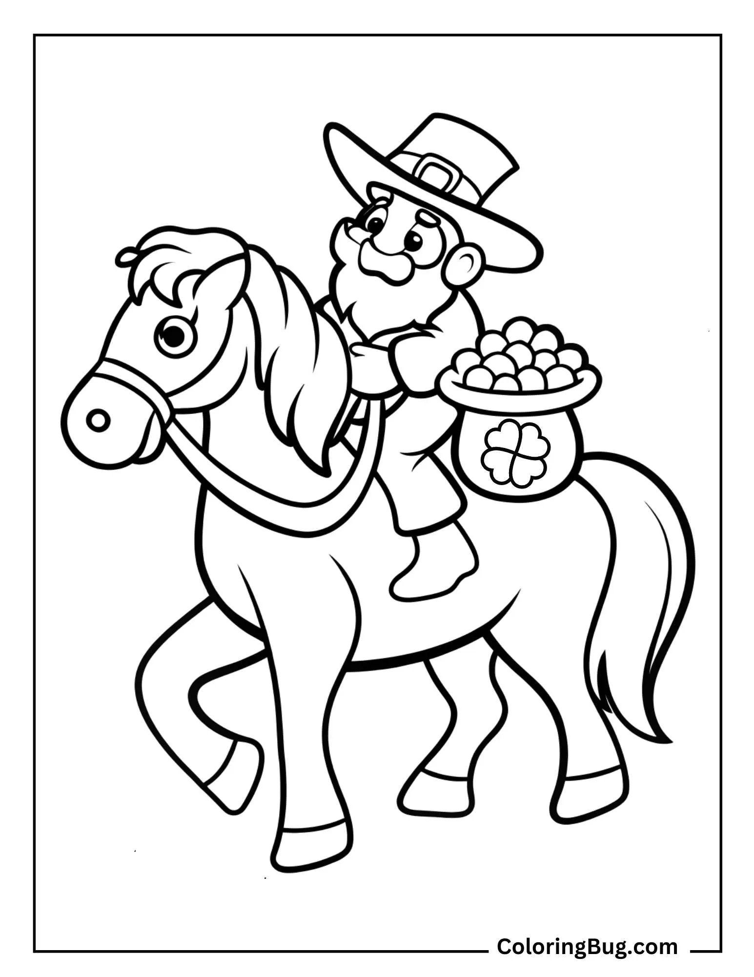 Leprechaun Horse With a Pot Of Gold On Its Back Coloring Sheet