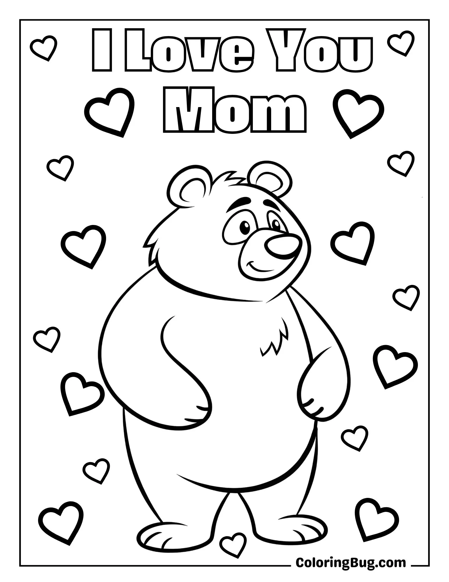 Lots-o'-Huggin' Bear Surrounded By Hearts Coloring Sheet