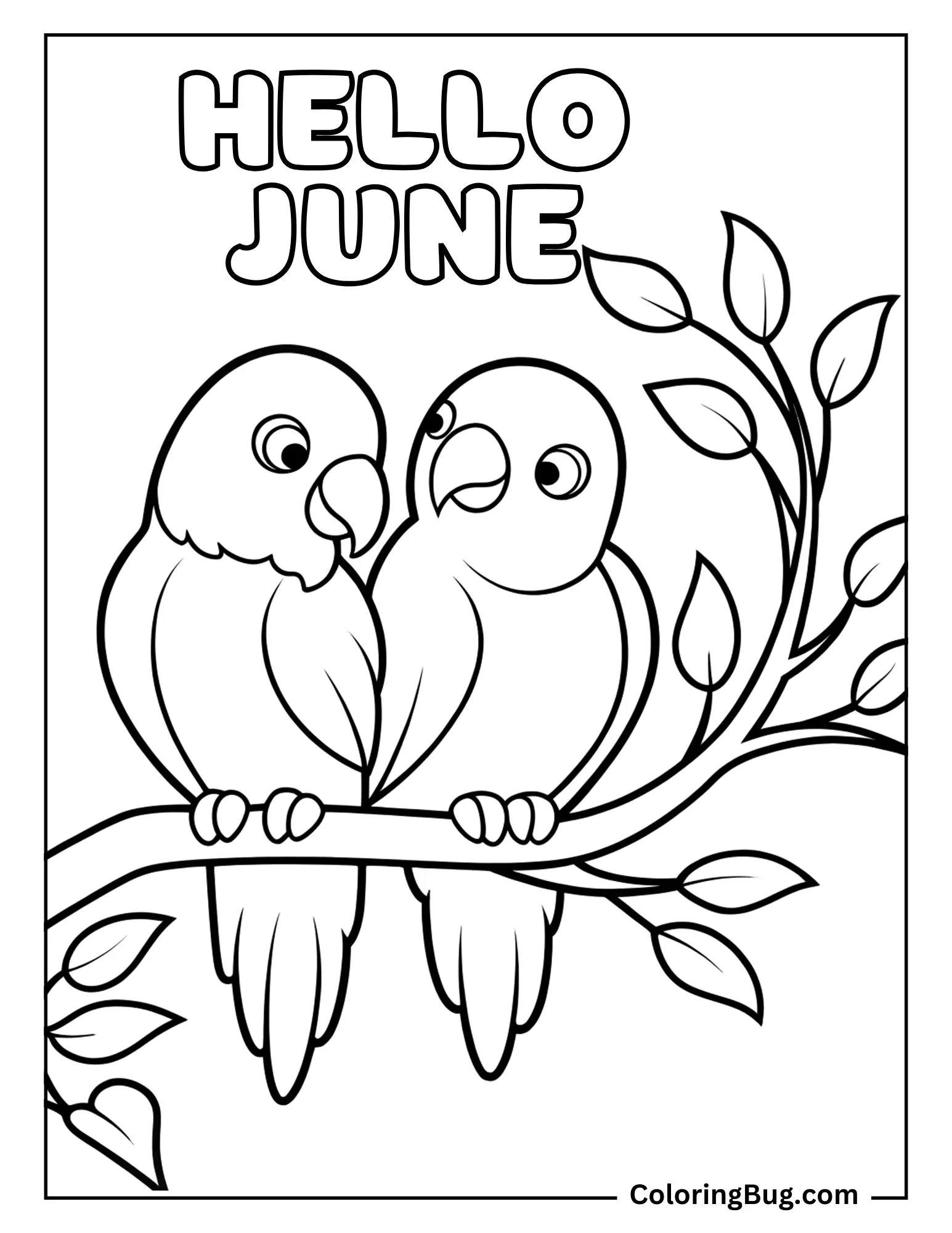 Love Bird on Tree Brunch In the Warm June Breeze Coloring sheet