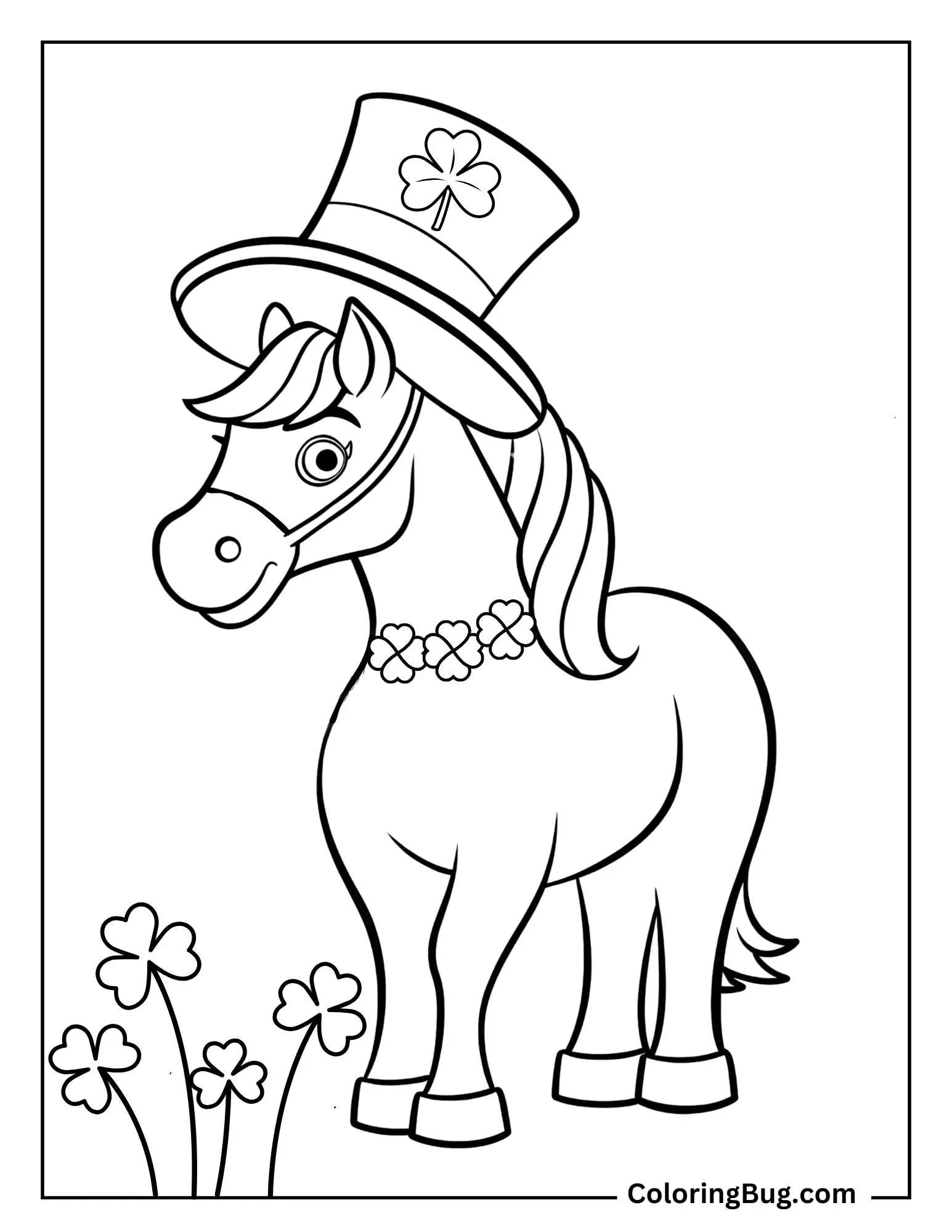 Majestic Horse Wearing a Leprechaun Hat And Shamrock Necklace Coloring Sheet