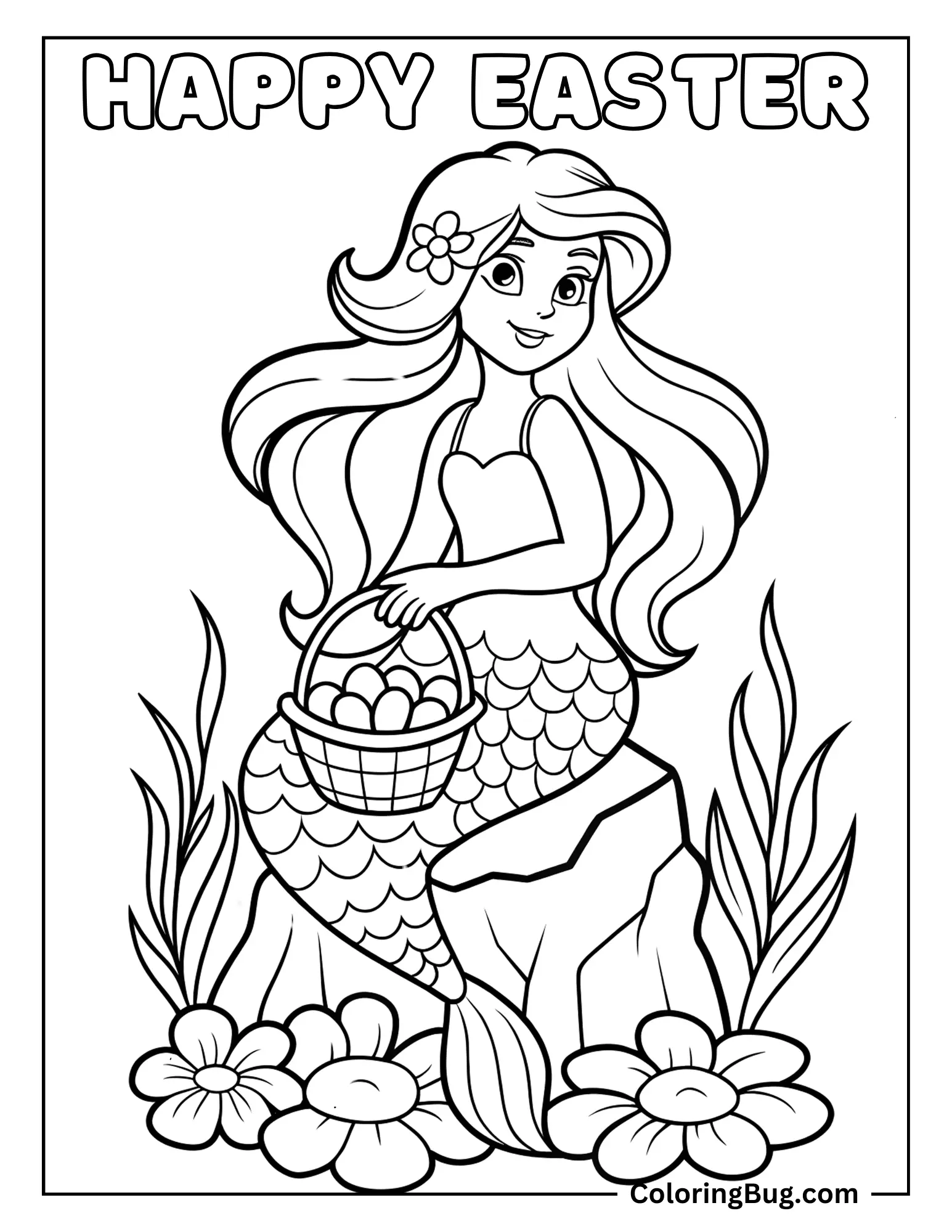 Mermaid Holding Easter Eggs Basket Coloring sheet