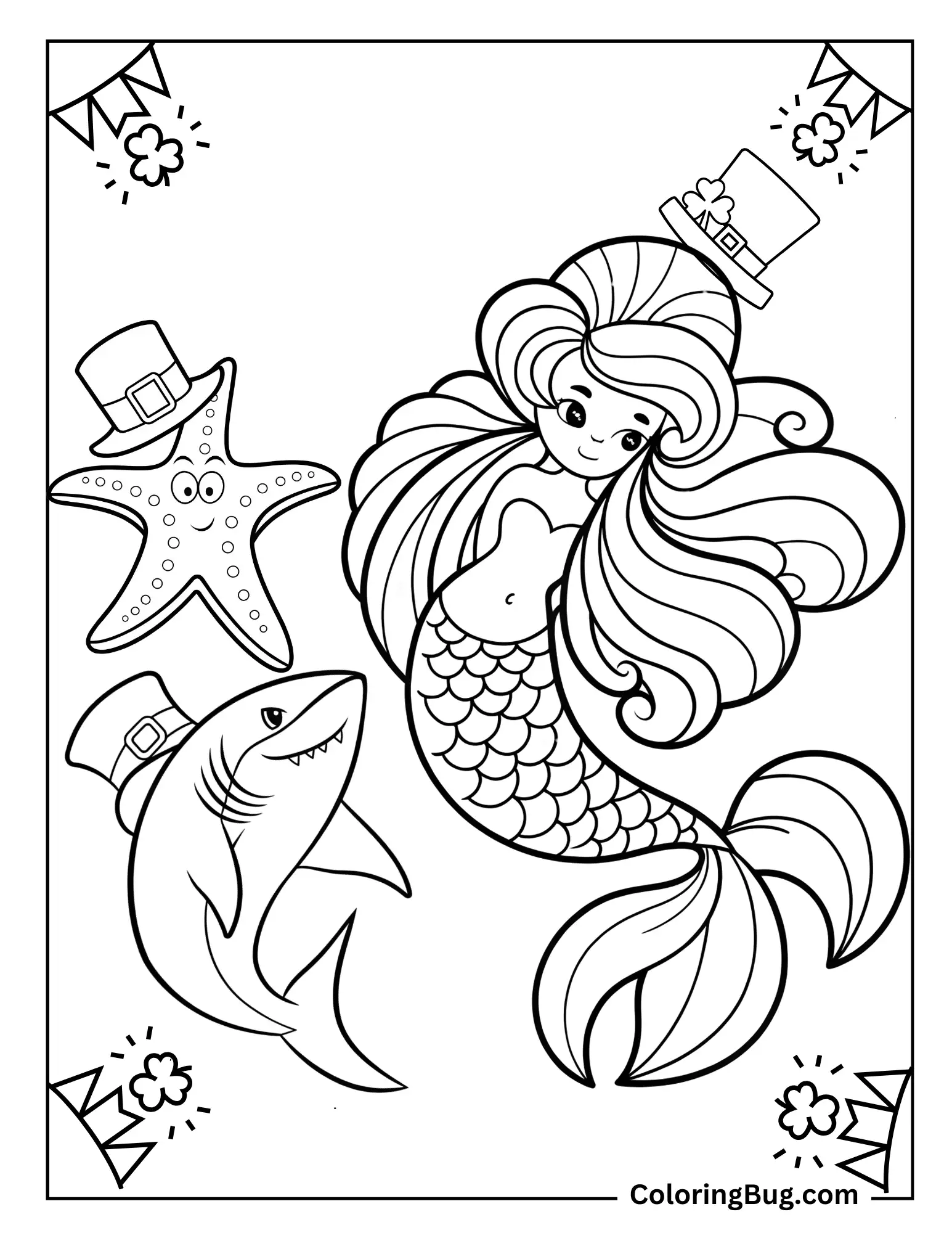 Mermaid, Shark And Star Fish Celebrating St. Patrick's Day Coloring sheet