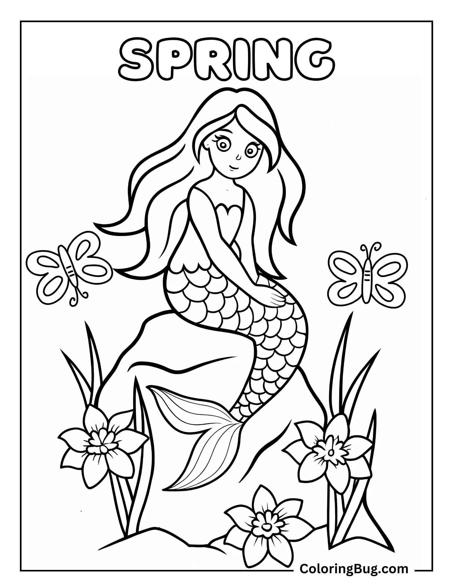 Mermaid Siting on Rock With Blooming Daffodils And Butterflies Coloring Sheet