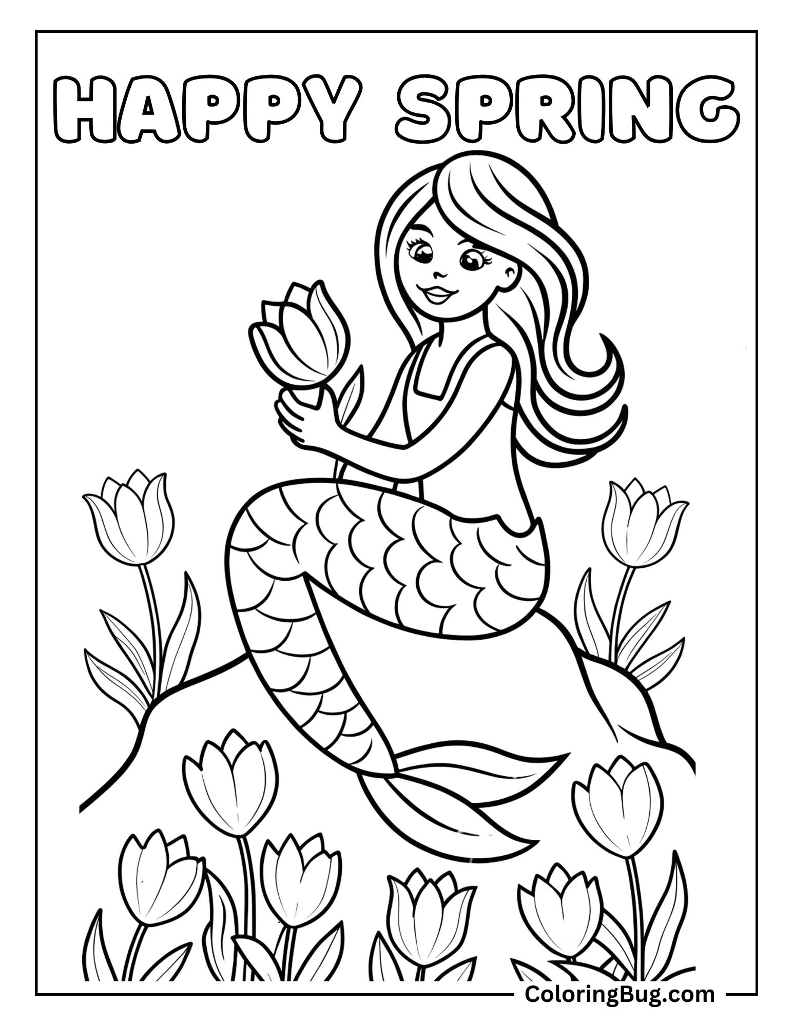 Mermaid Sitting on Rock Plucking Tulip During Spring Season Coloring sheet