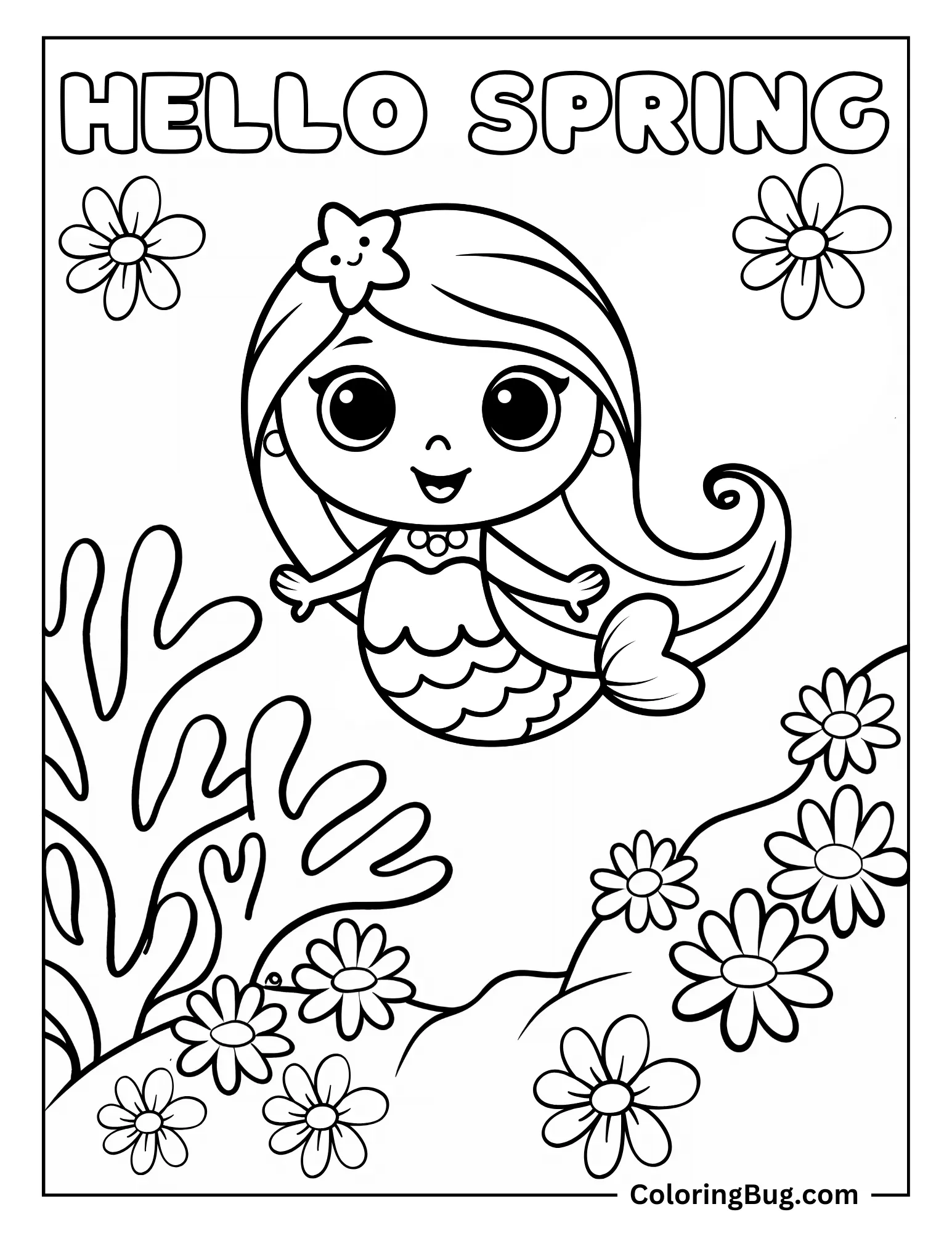 Mermaid Swimming Through Underwater Garden of Coral and Flowers During Spring Coloring sheet