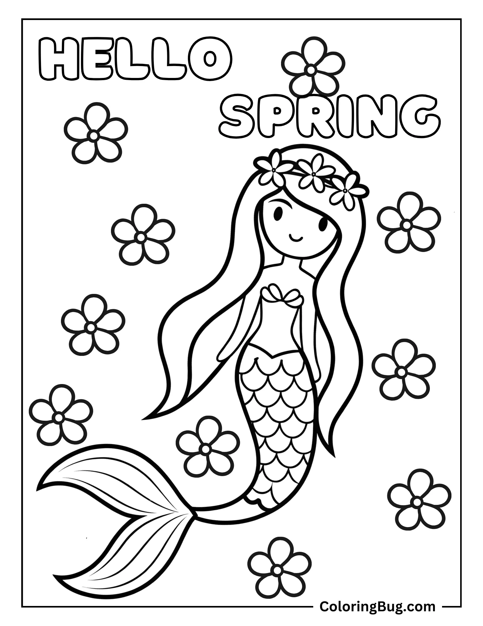Mermaid Wearing Flowers Crown Coloring sheet