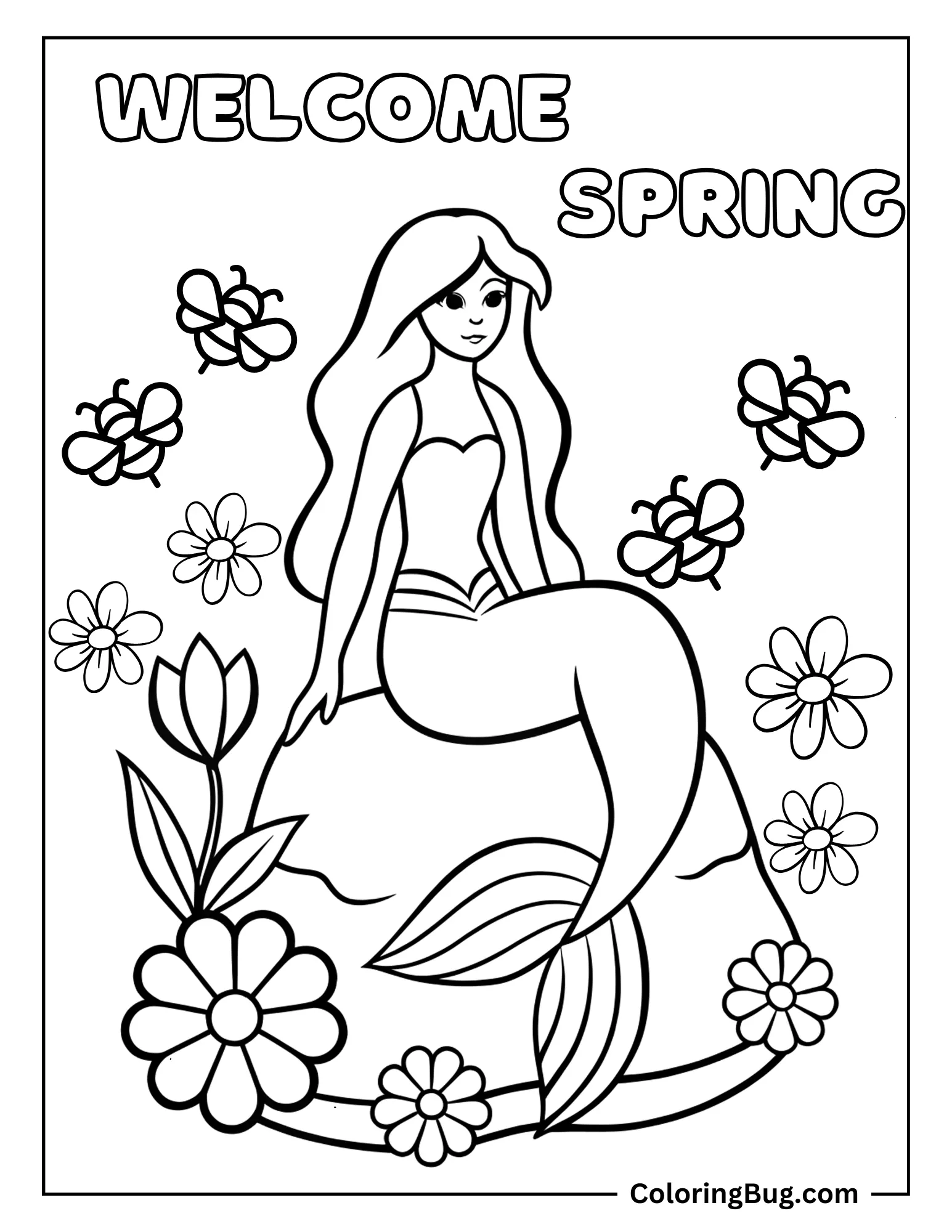 Mermaid With Bees And Flowers Coloring sheet
