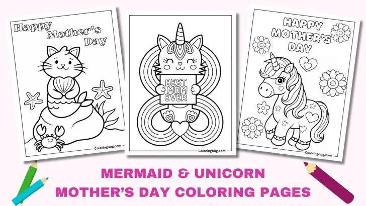 Mermaid and Unicorn Mother's Day Coloring Pages