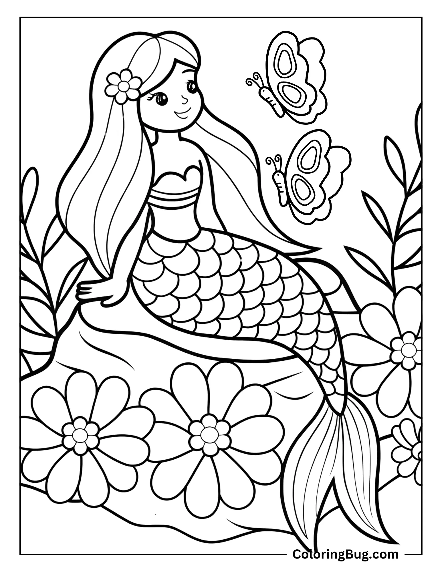 Mermaid in Butterflies Garden During Spring Coloring sheet