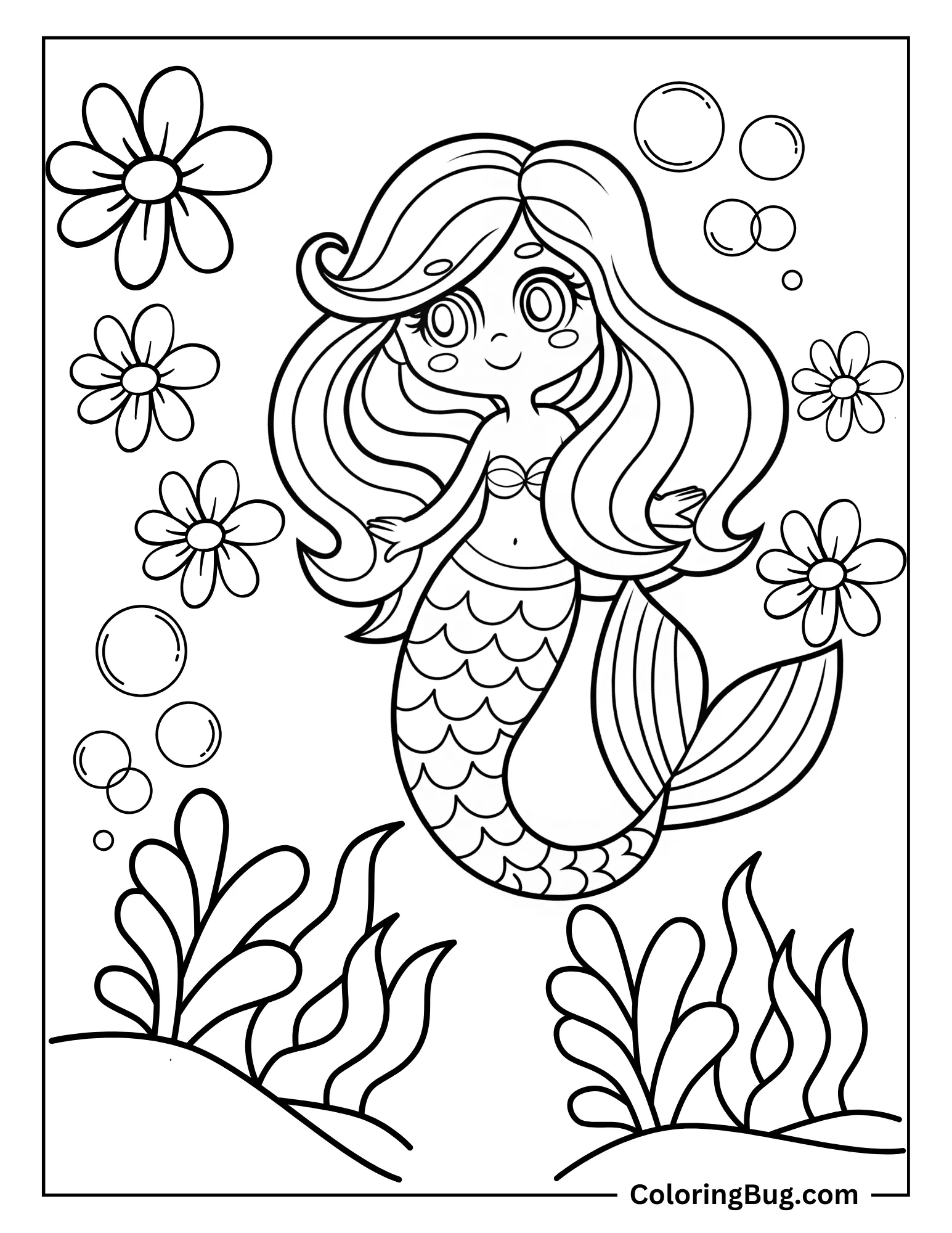 Mermaid in Underwater Surrounded By Spring Flowers Coloring sheet