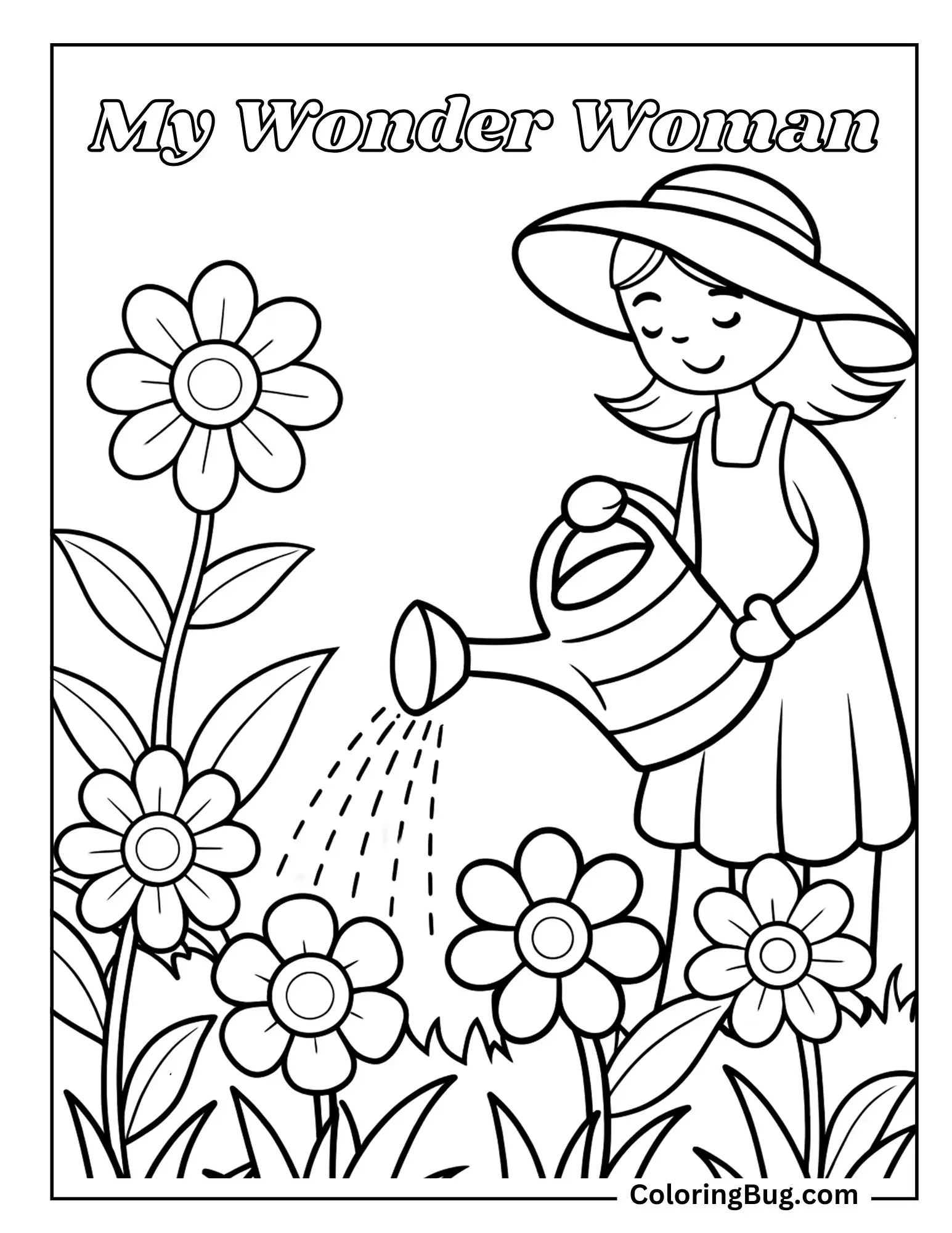 Mom Watering Flowers Plants Coloring Sheet
