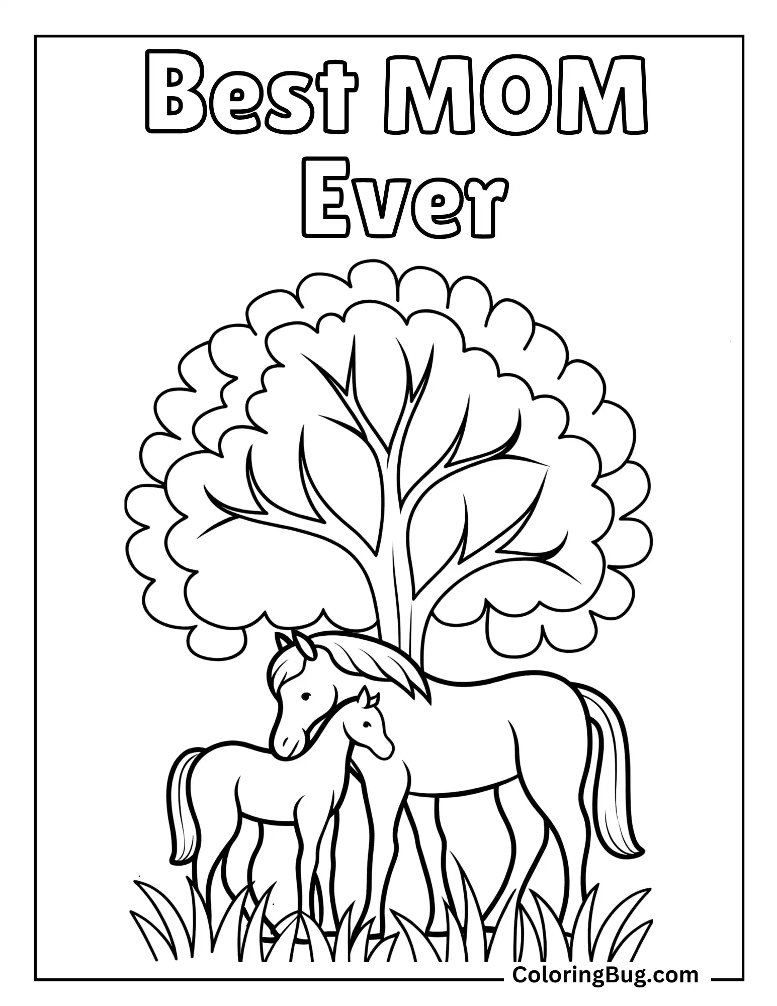 Mummy Horse And Foal Sharing a Tender Moment Under a Tree Coloring Sheet