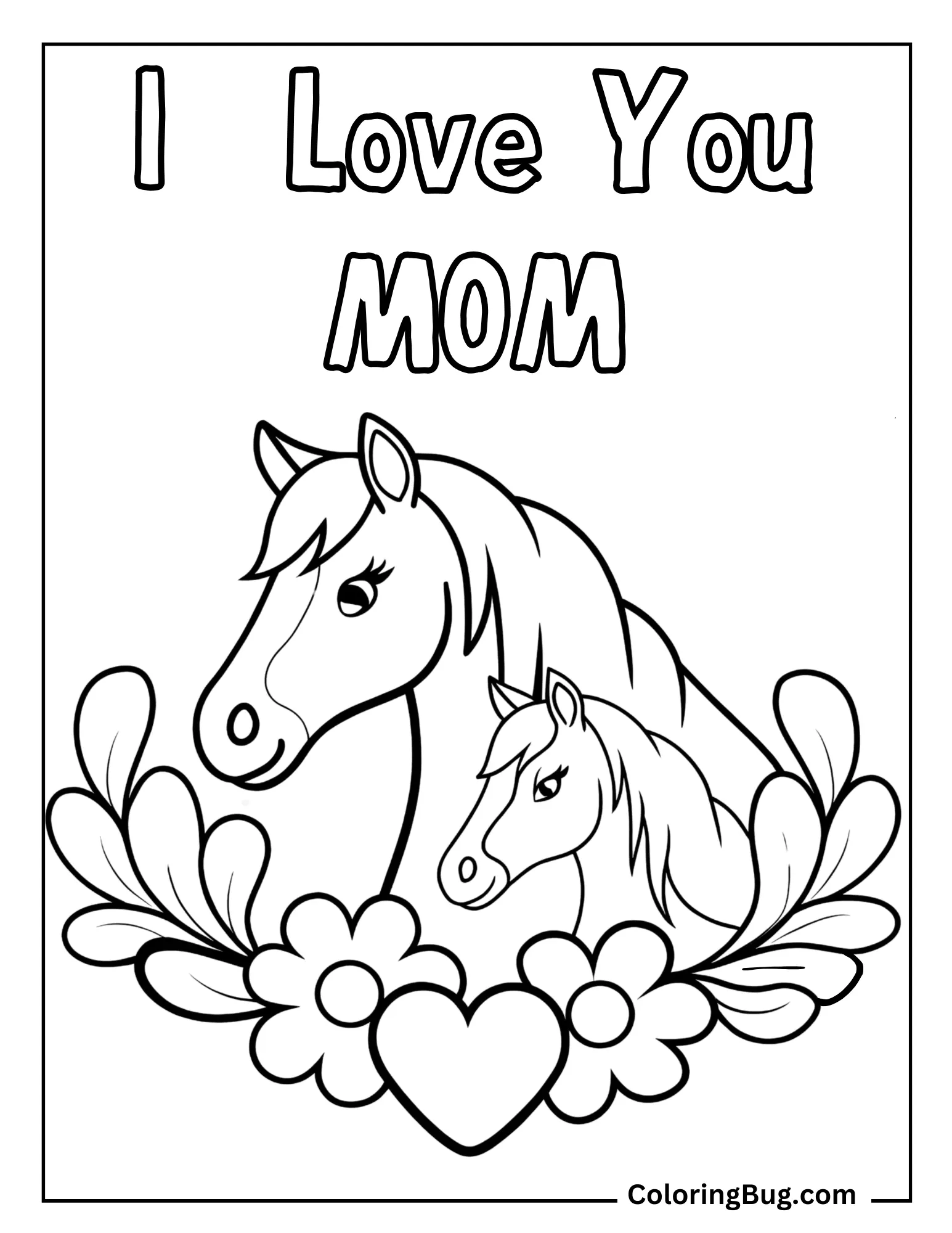 Mummy Horse And Foal With Text Coloring Sheet