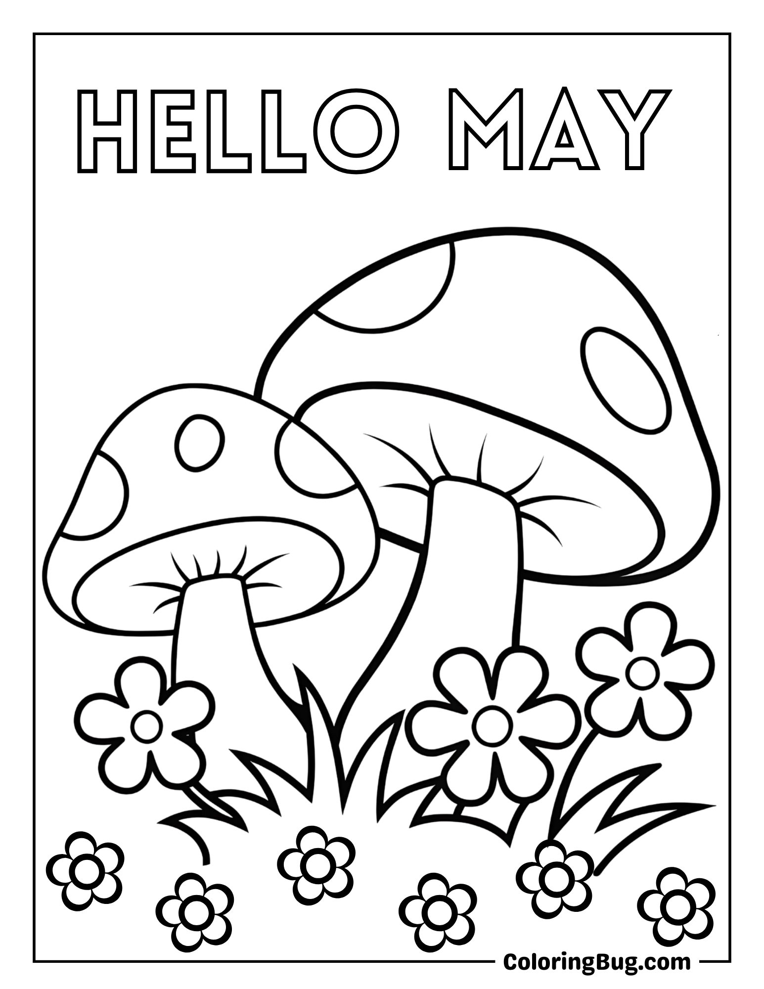 Mushroom Patch with Tiny Flowers Around it Coloring Sheet