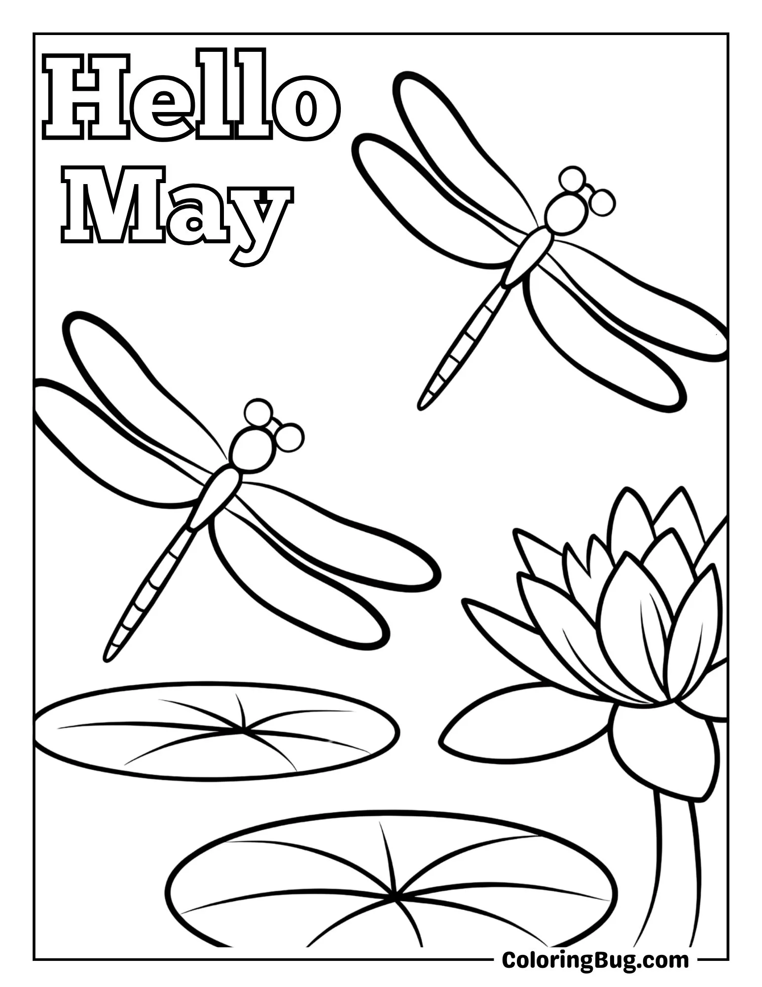 Pair of Dragonflies Over a Pond Full of Lily Pads Coloring Sheet