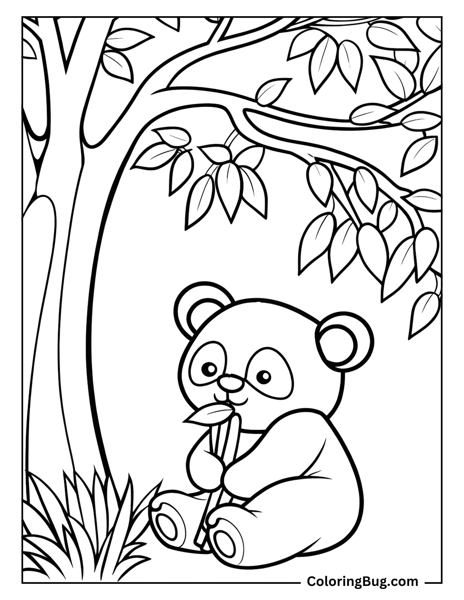 Panda Munching on Bamboo Under the Shade of Tree in June Coloring sheet