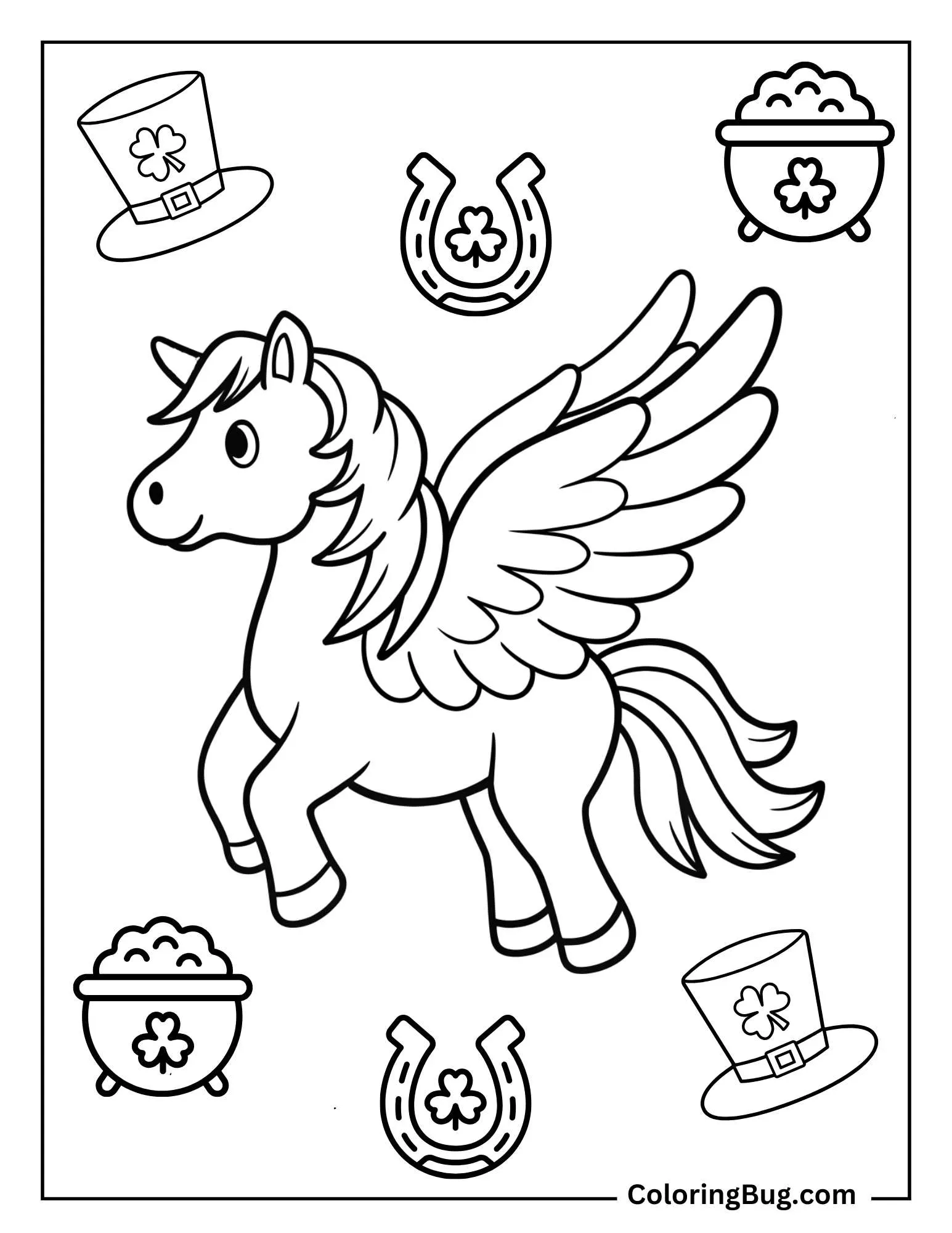 Pegasus Flying With Lucky Charms Floating Around It Coloring Sheet