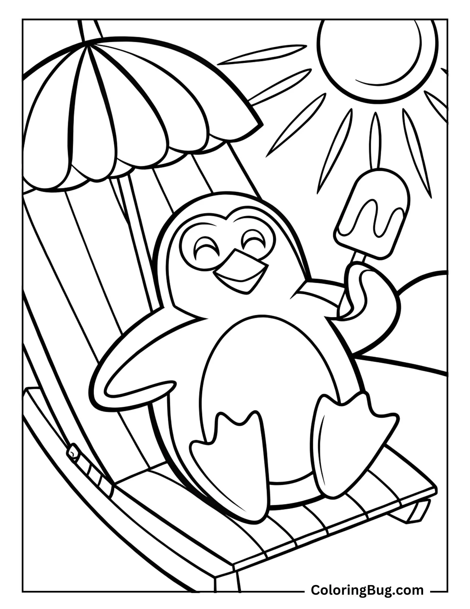 Penguin Resting Near Beach Enjoying Popsicle Coloring sheet