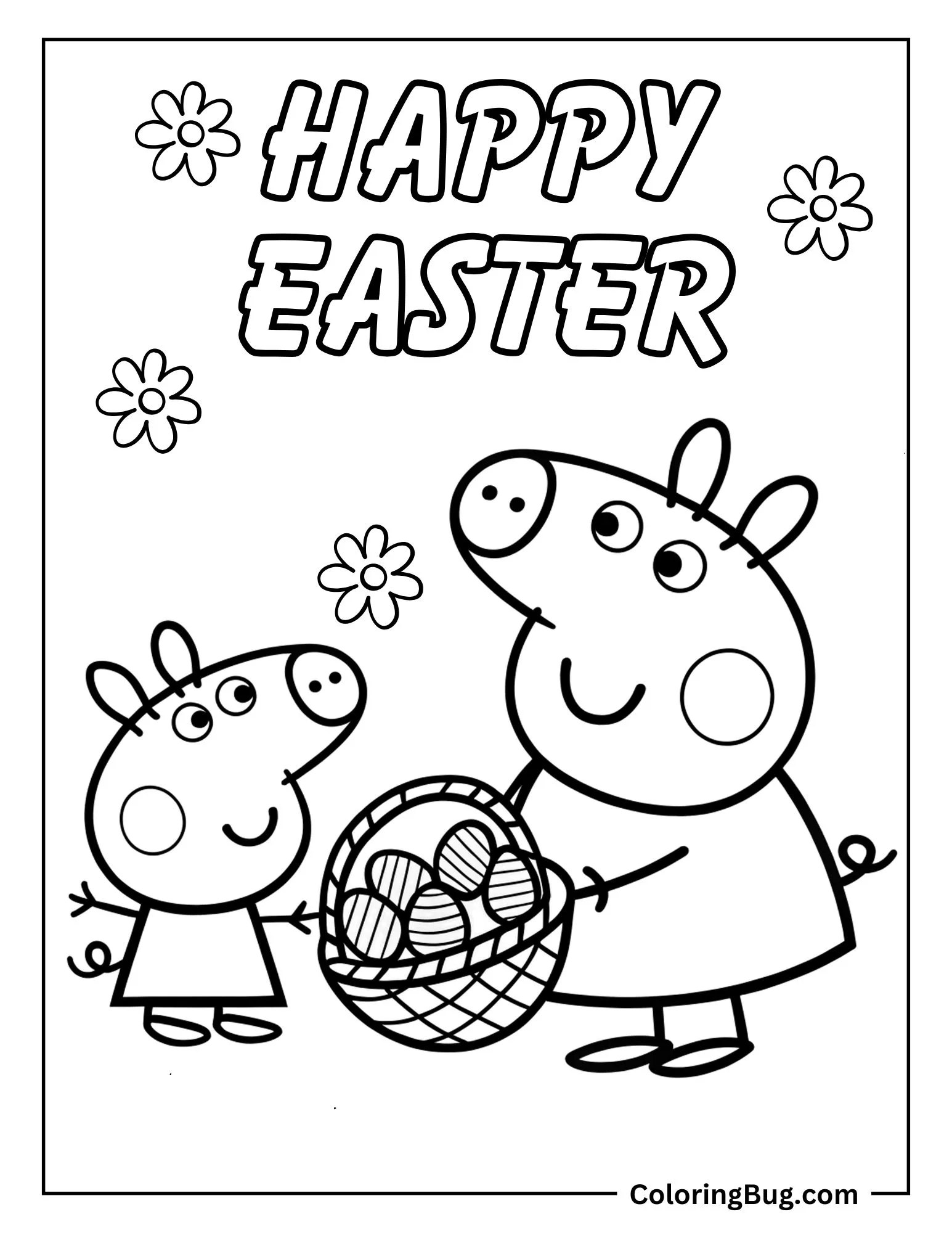 Peppa Pig And George With Easter Eggs Basket  Coloring Sheet