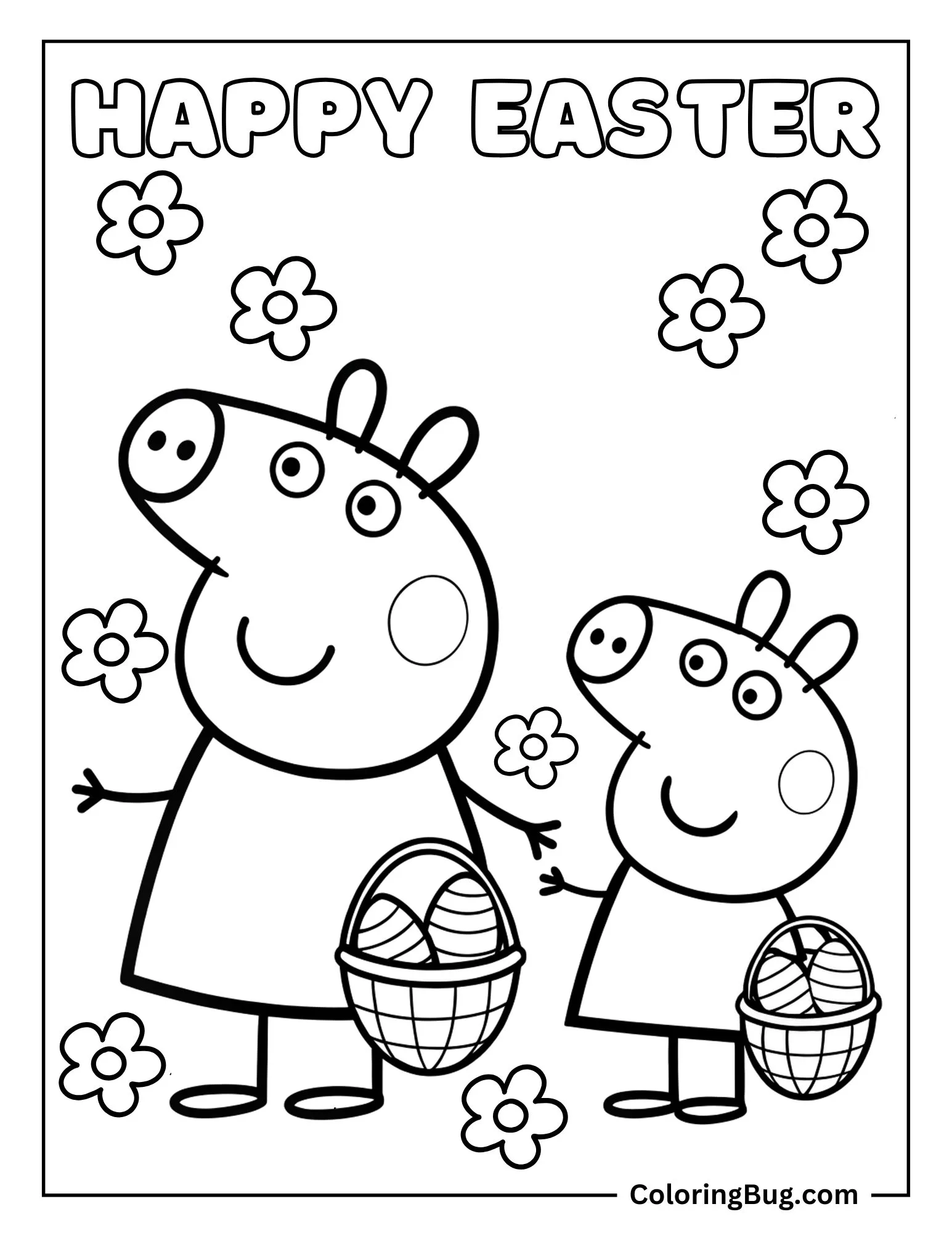 Peppa Pig And George With Easter Eggs Basket Coloring Sheet