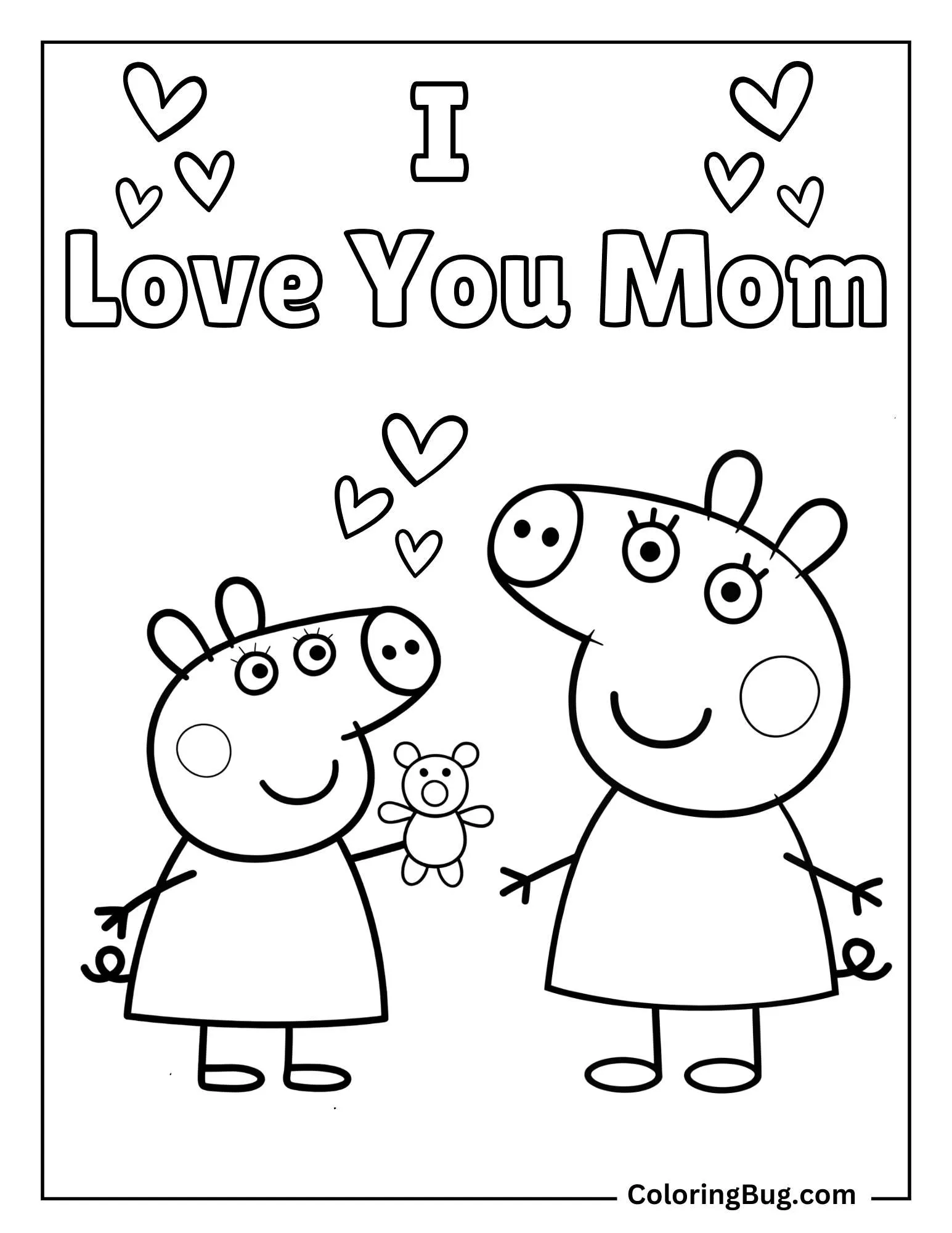 Peppa Pig Handing Mummy Pig a Cute Teddy Bear Coloring Sheet