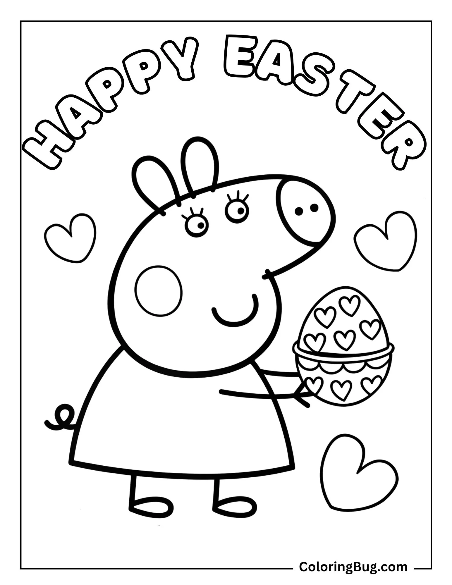 Peppa Pig Holding Easter Egg With Hearts Coloring Sheet