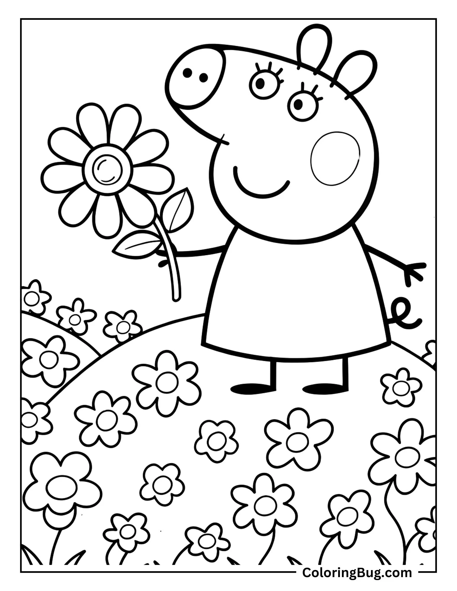 Peppa Pig Holding Flower Standing in Grassy Flowery Hilltop Coloring Sheet