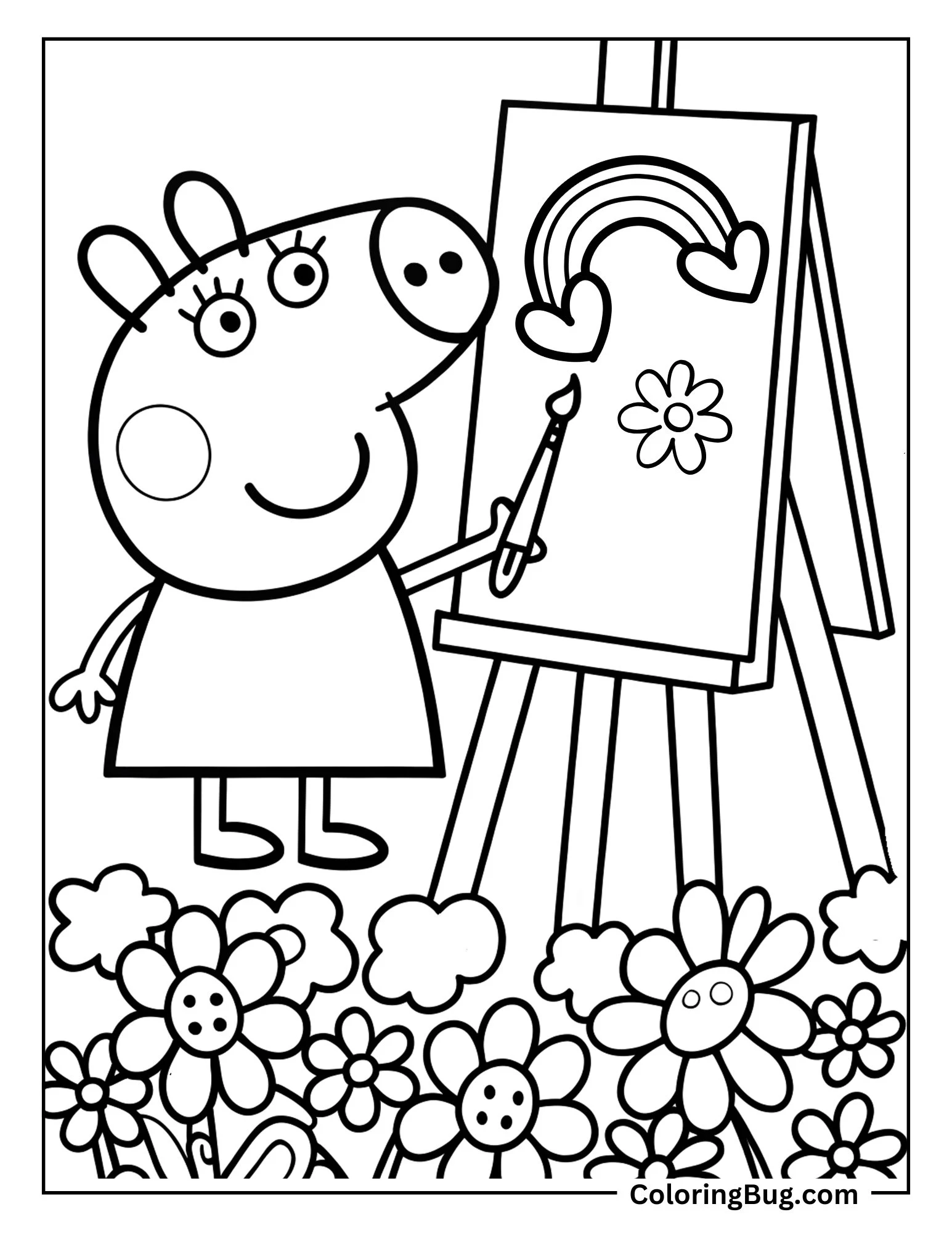 Peppa Pig Painting Rainbow on Canvas Coloring Sheet