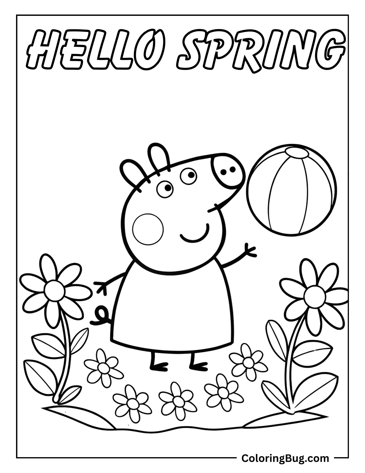 Peppa Pig Playing With Ball in Flowers Meadow Coloring Sheet