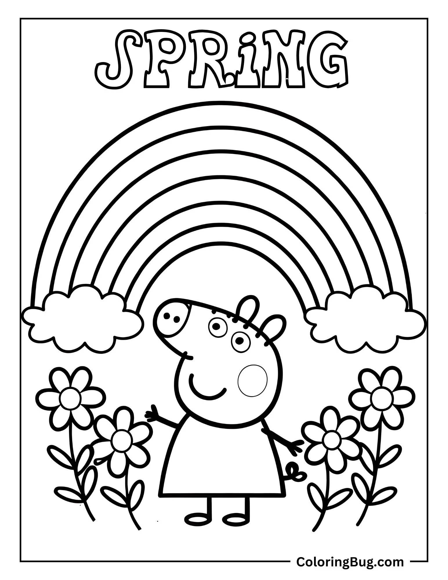 Peppa Pig Standing Under Rainbow With Blooming Flowers  Coloring Sheet