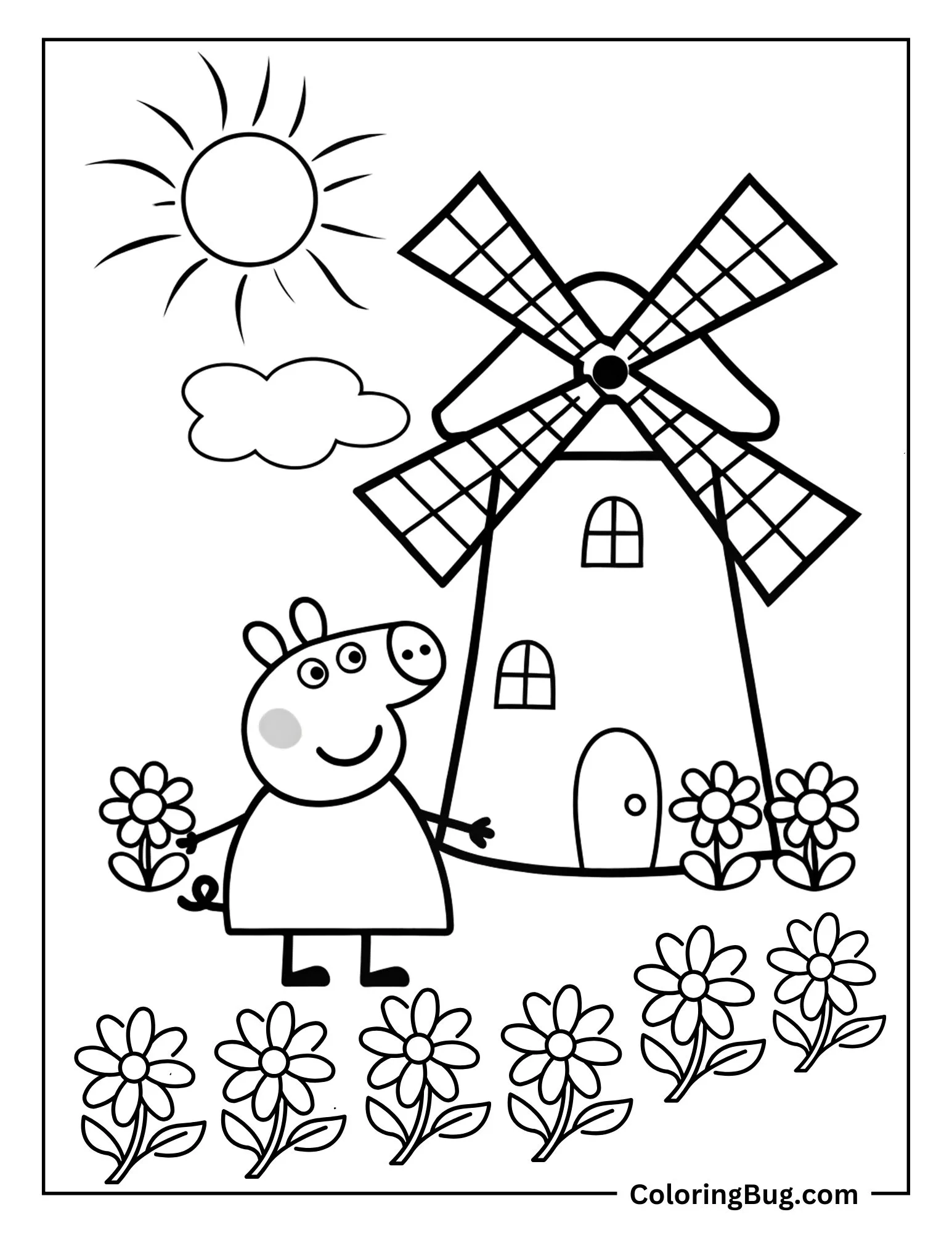 Peppa Pig Standing in Front of Windmill With Spring Blooming Flowers Coloring Sheet