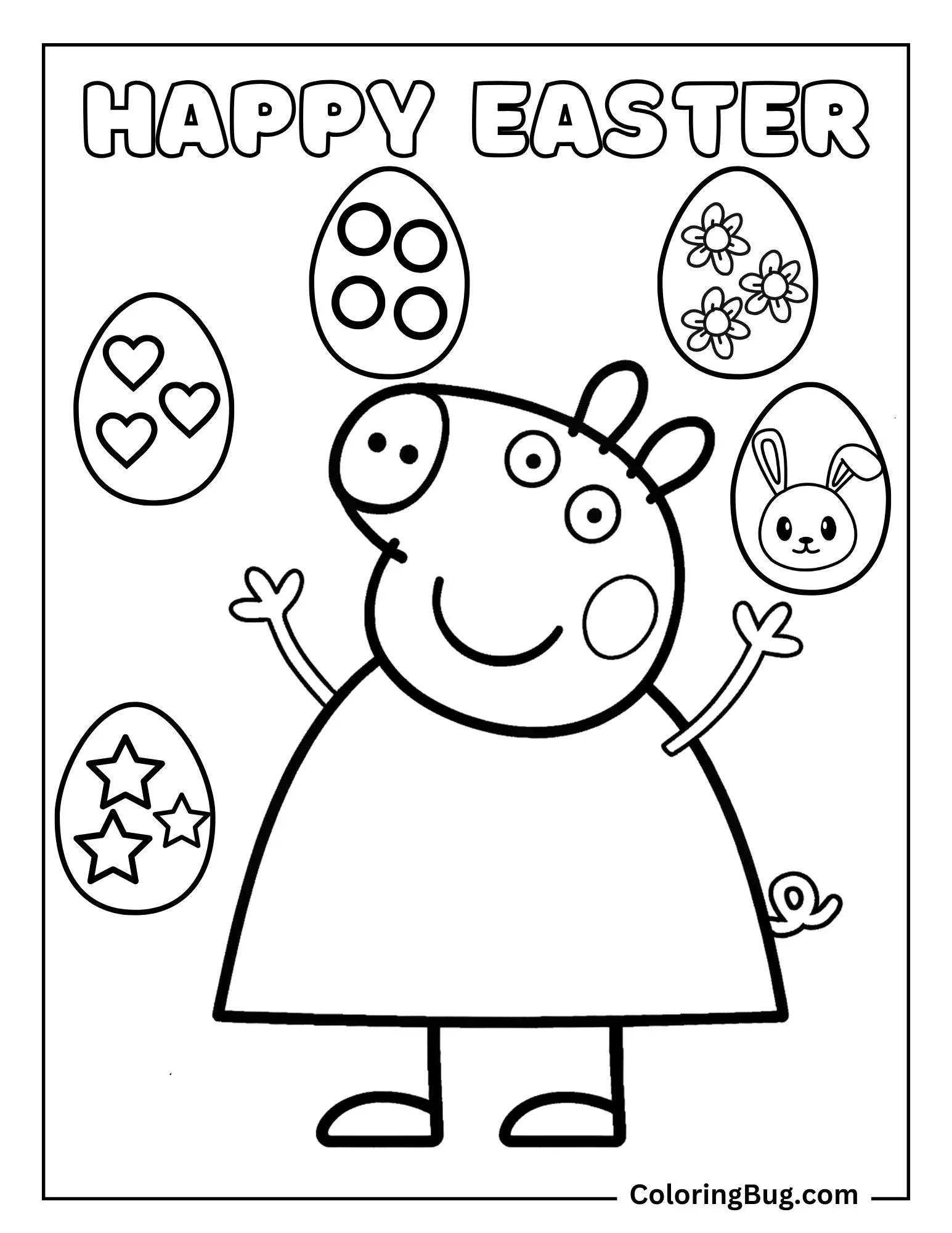Peppa Pig Surrounded By Different Easter Eggs Coloring Sheet