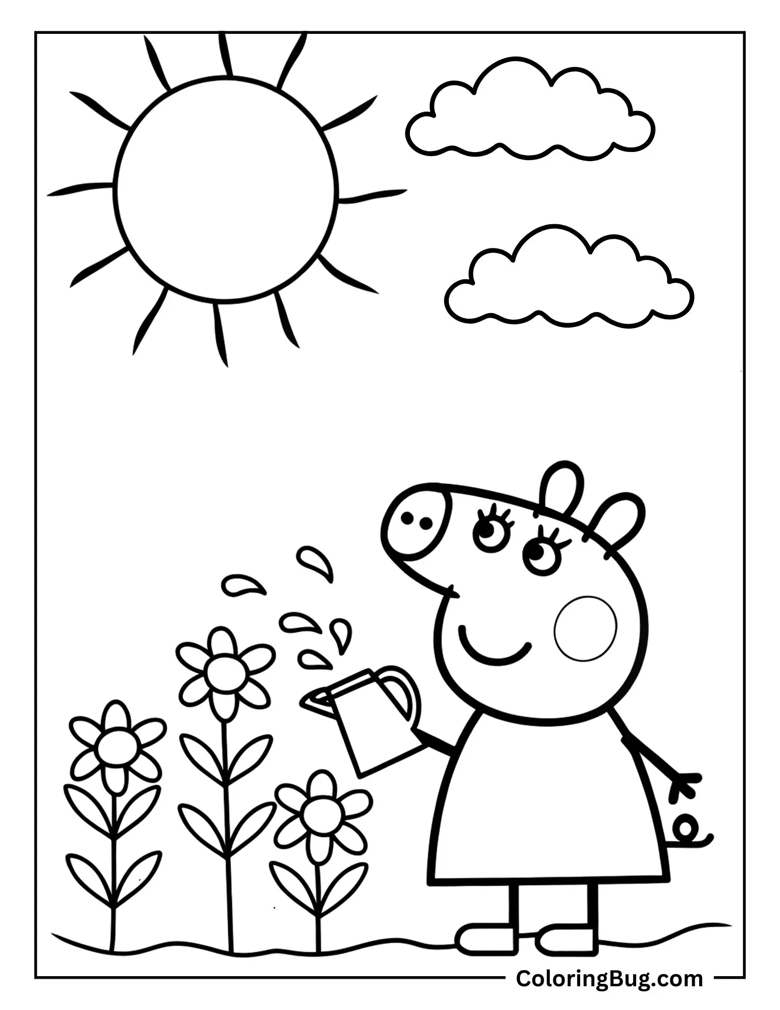 Peppa Pig Watering Plants Under Spring Sun And Clouds Coloring Sheet