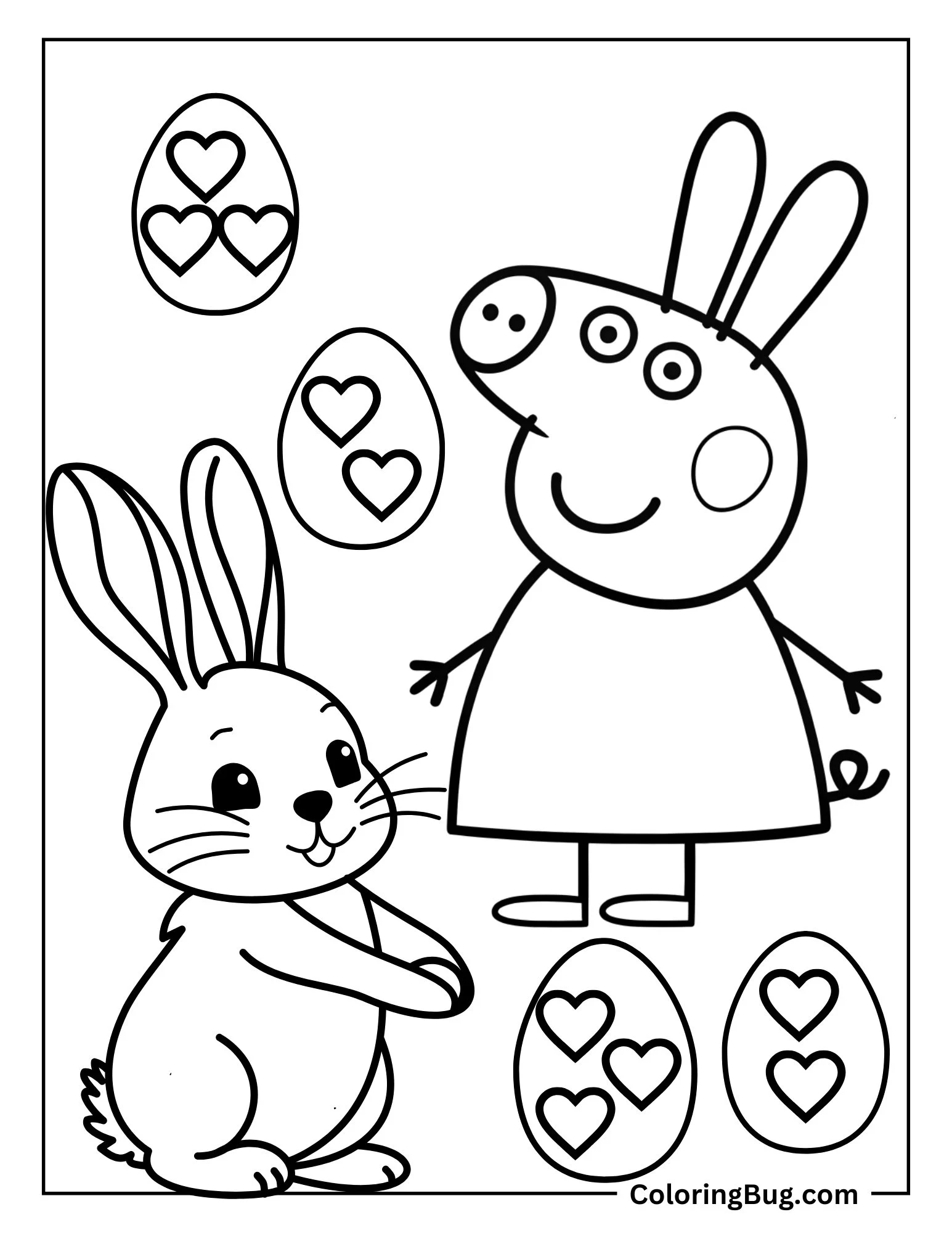 Peppa Pig Wearing Bunny Ears And With Easter Bunny Coloring Sheet